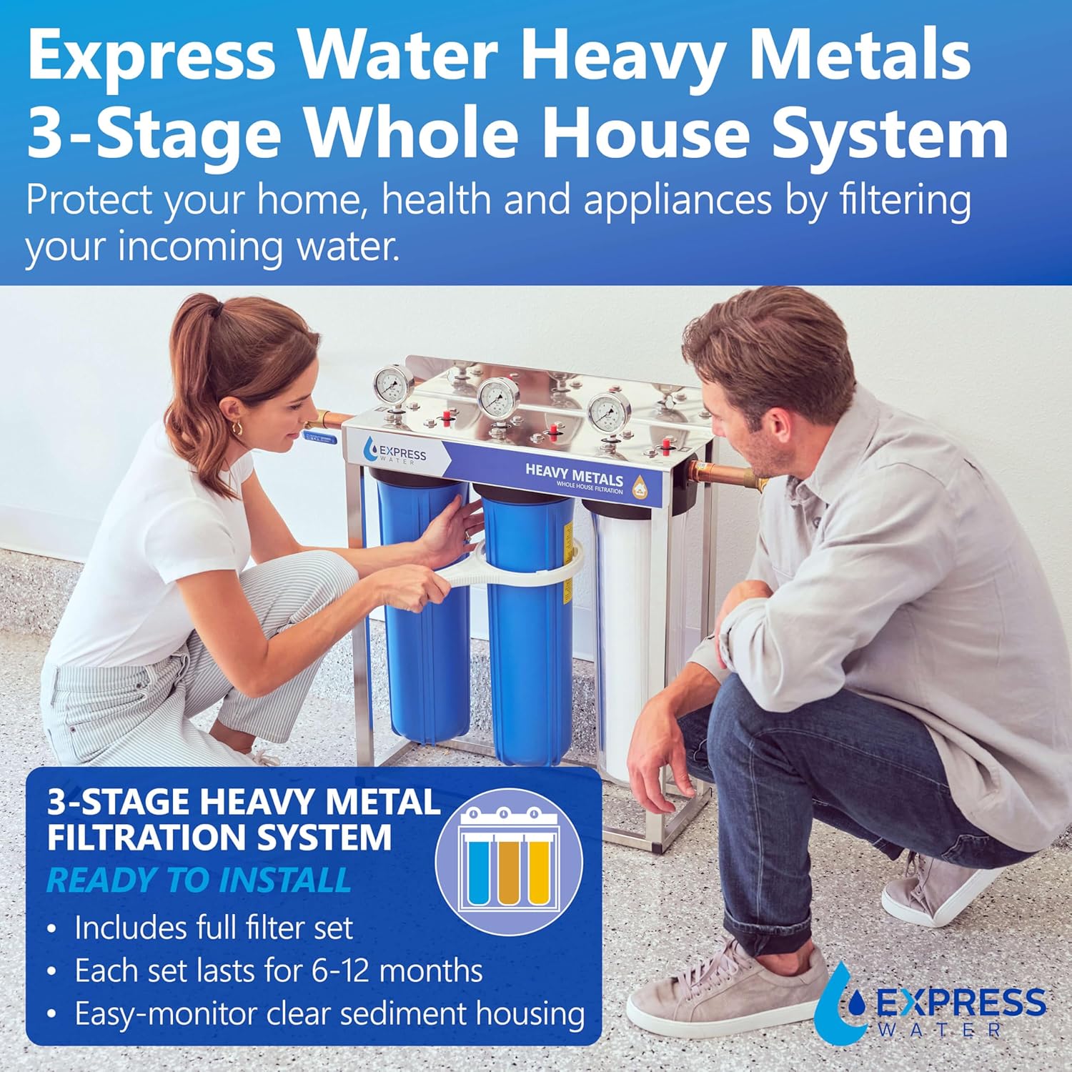 Express Water Whole House Water Filter System | HEAVY METAL | 3 Stage Water Purifier Whole Home, Heavy Metal Filter Produces Overachieving H2O, Targets Lead, Arsenic, Chromium, Reduces Chlorine