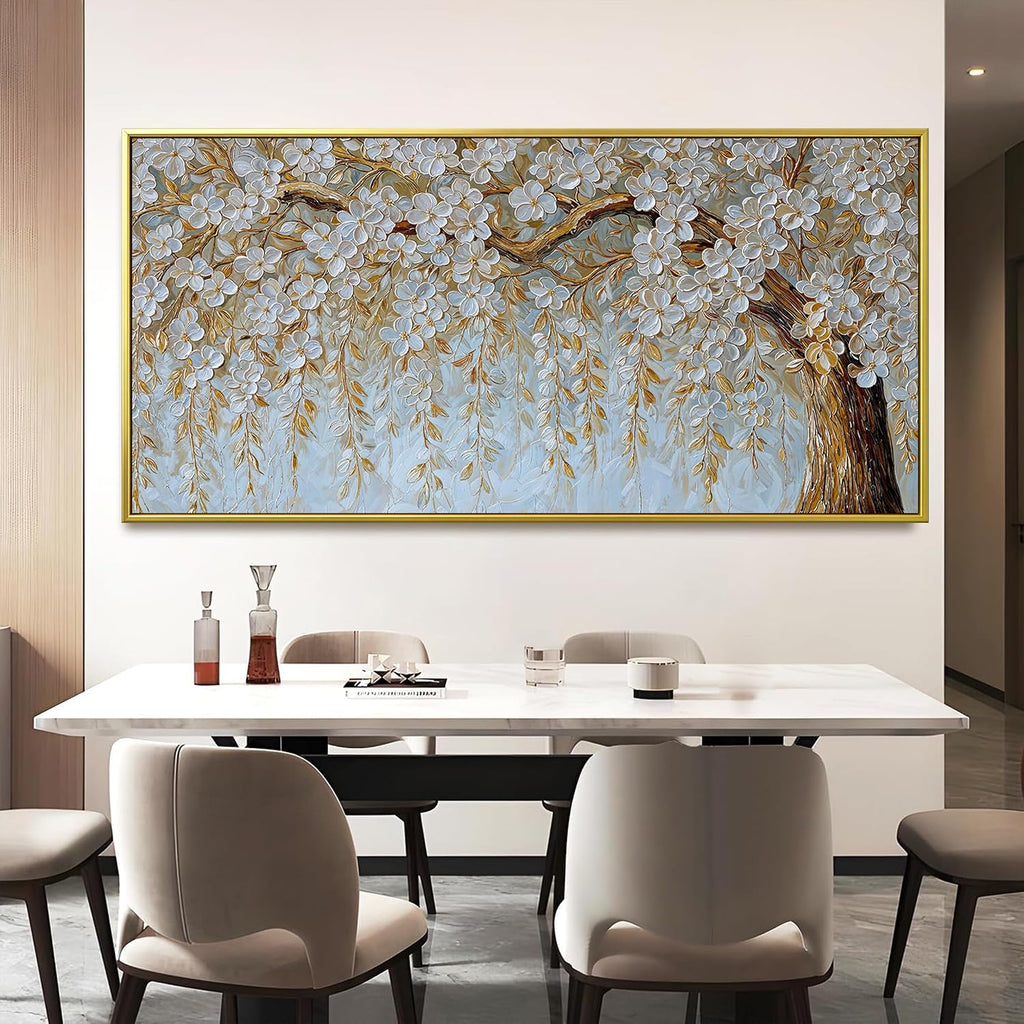 Suconvng Large Gold Framed Wall Art For Living Room Home Wall Decor Modern Canvas Art Wall Decor 29 X 58 Inches Elegant Flower White Wall Art Picture For Bedroom Office Artwork