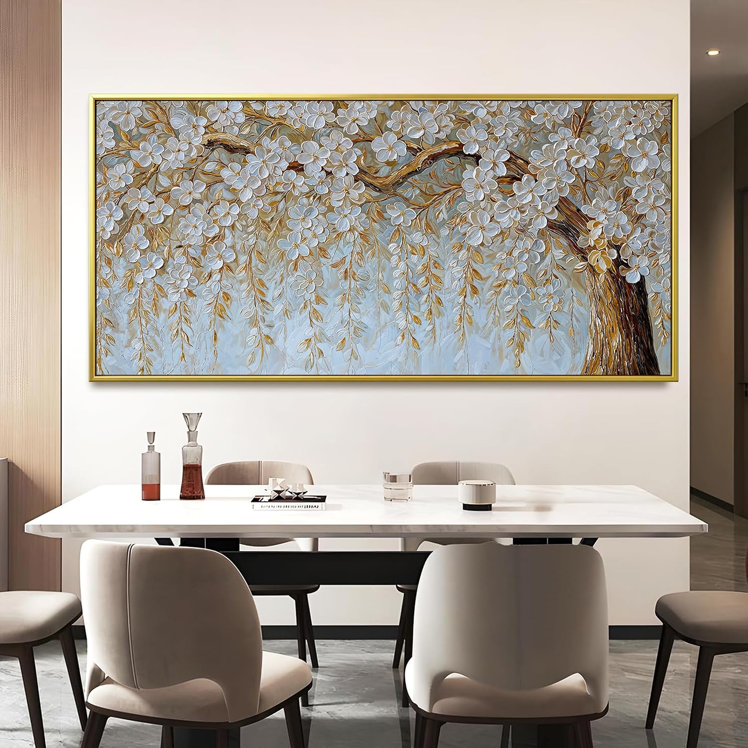 Suconvng Large Gold Framed Wall Art For Living Room Home Wall Decor Modern Canvas Art Wall Decor 29 X 58 Inches Elegant Flower White Wall Art Picture For Bedroom Office Artwork