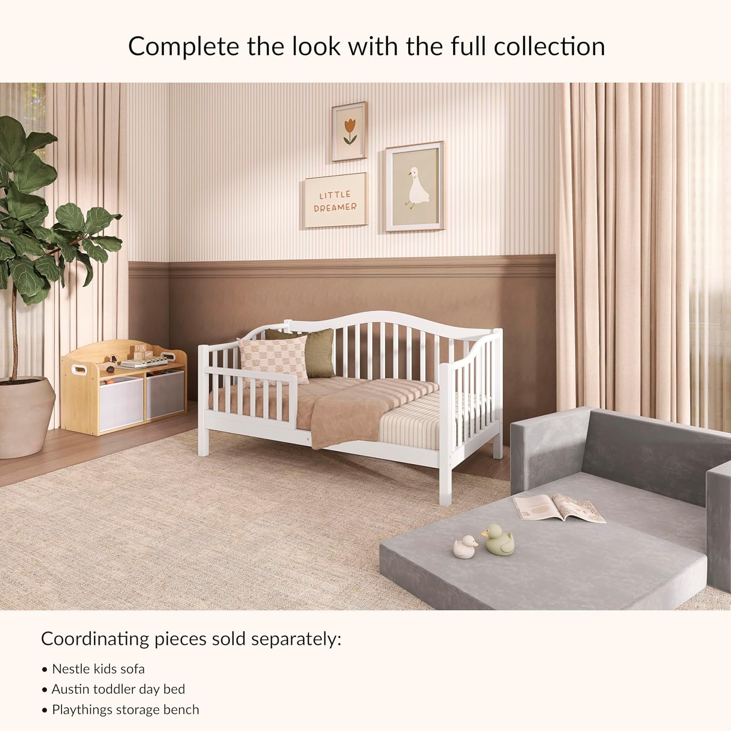 Dream On Me Austin Toddler Day Bed with Rails in White, Low to Floor Toddler Day Bed, Greenguard Gold & Baby Safety Alliance Certified, Non-Toxic Finishes, Side Safety Guard Rail