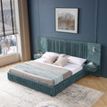 Merax Chenille Upholstered King Size Bed Frame with Wide Headboard and 2 Nightstands, Low Platform Bed Frame with Small Reading Lamp and Pleating Design for Adults, No Box Spring Needed, Blue Green