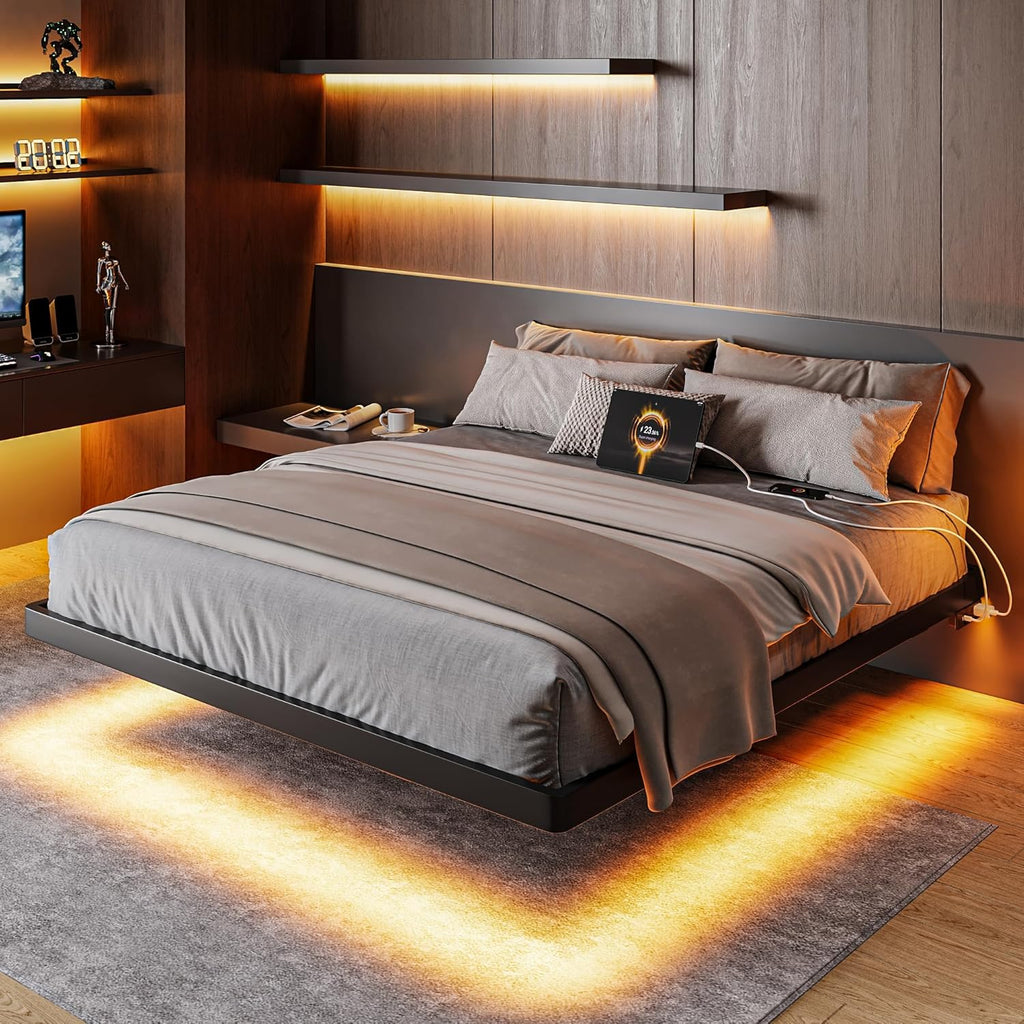 Feonase Queen Floating Bed Frame with Charging Station and Led Lights, Metal Bed Frame with Heavy Duty Steel Slats Supports, No Box Spring Needed, Easy Assembly, Noise Free, Black