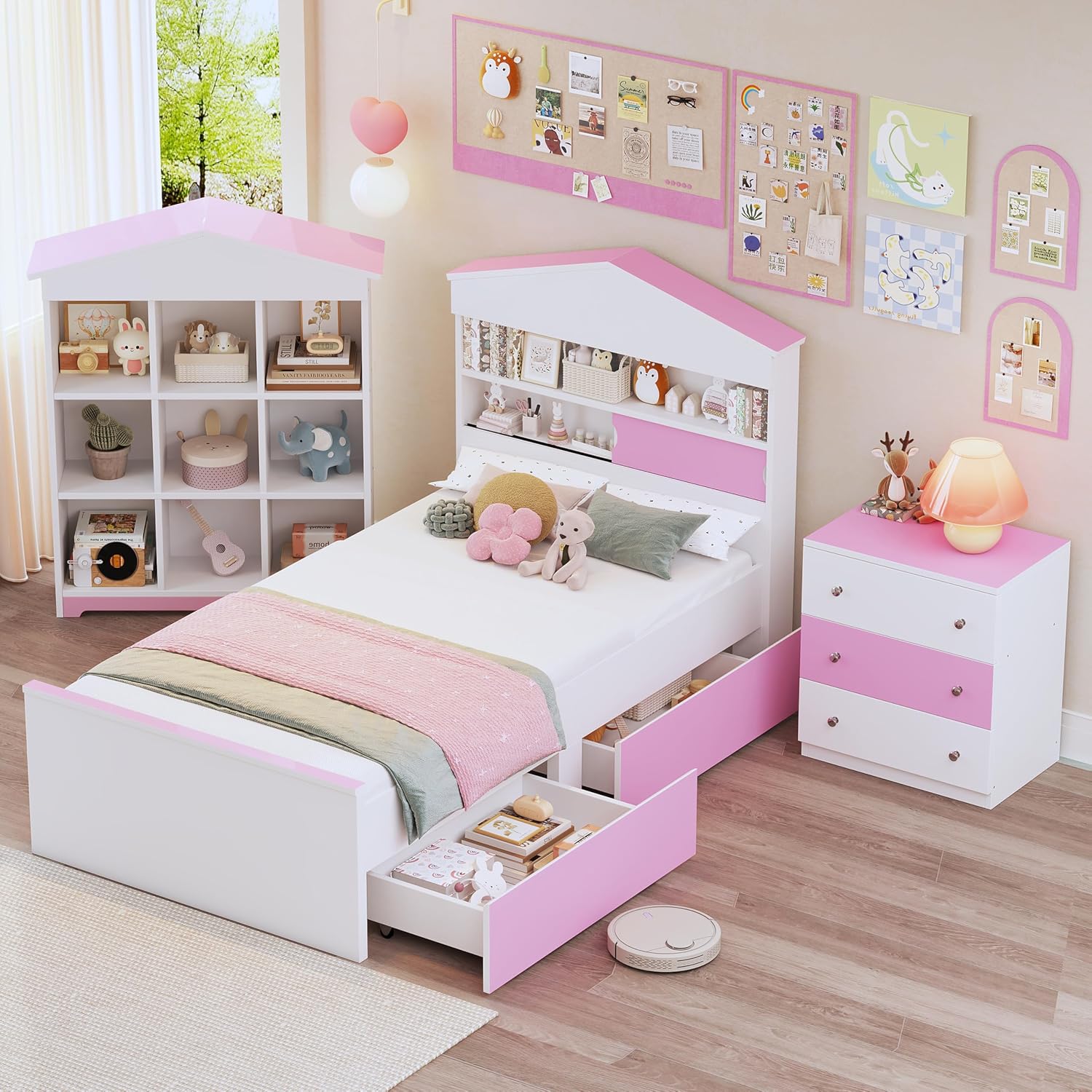 3 Pcs Bedroom Sets, Twin Size House Shaped Wooden Bed with Storage Drawers, Nightstand with Colorblock Design and House Shaped Stroage Rack, Pink+White