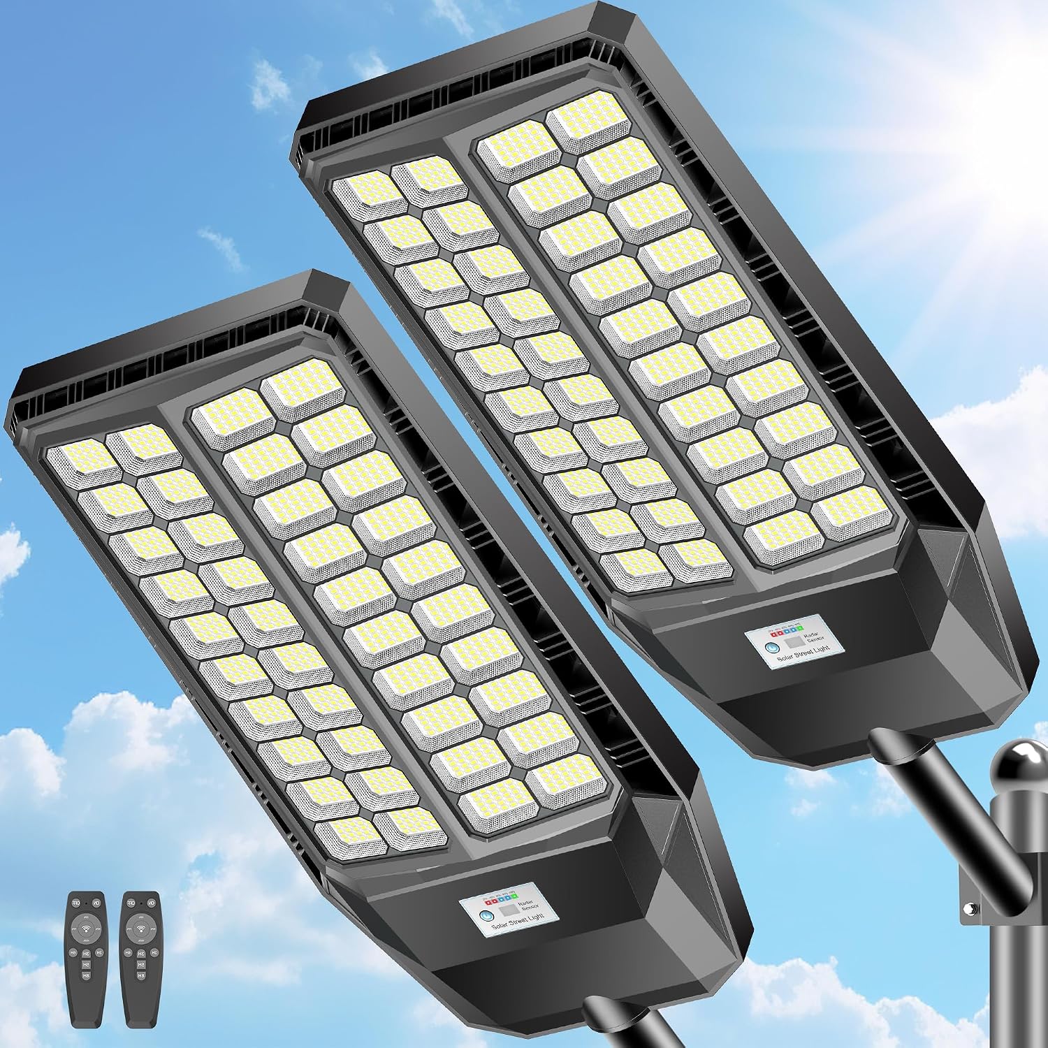CEDIO 10000W Solar Street Lights Outdoor, Solar Lights Outdoor Waterproof Commercial Street Light Dusk to Dawn, LED Security Flood Light with Motion Sensor for Parking Lot, Yard, Garage, 2 Pack