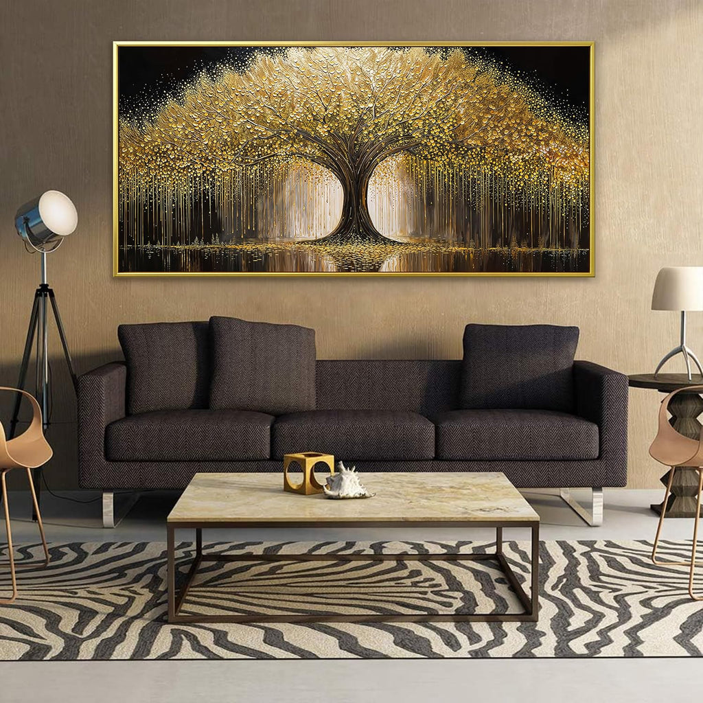 Large Golden Tree Of Life Wall Art Decor Modern Ready To Hang Room Wall Decor Gold Framed Wall Art For Living Room Kitchen Office Bedroom Canvas Prints Decor 29.5x58 Inch