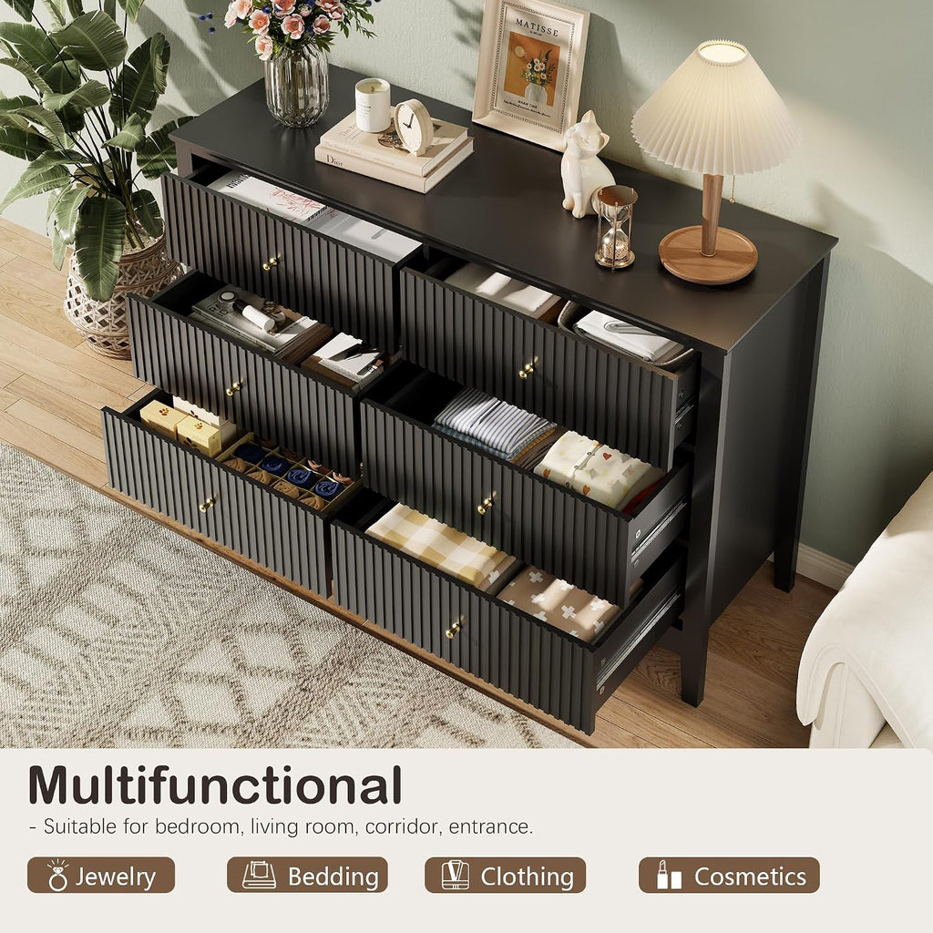 Black Dresser for Bedroom, 6 Drawers Fluted Chest of Drawers with Storage, Modern 47'' Wide Dresser with Paint Design, Wood Drawer Organizer Dressers for Entryway, Hallway