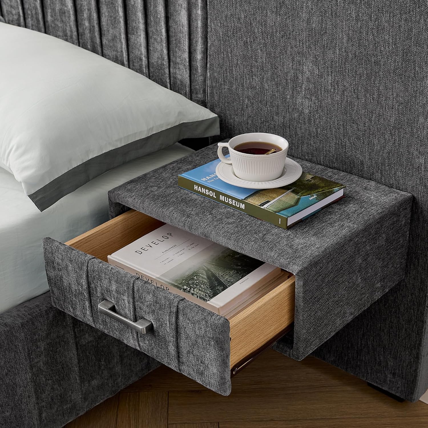Merax Chenille Upholstered Queen Size Bed Frame with Wide Headboard and 2 Nightstands, Low Platform Bed Frame with Small Reading Lamp and Pleating Design for Adults, No Box Spring Needed, Dark Gray
