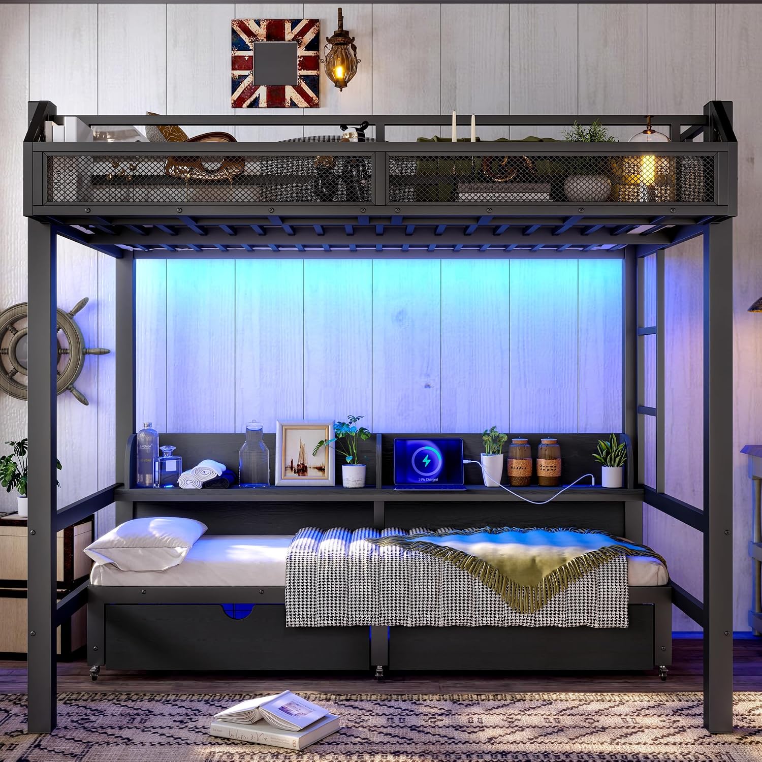 Twin Black Metal Bunk Bed with Storage Shelves and Drawers, Space-Saving Bunk Bed with Lights and USB Ports, Lower Bunkbed Can be Converted Sofa