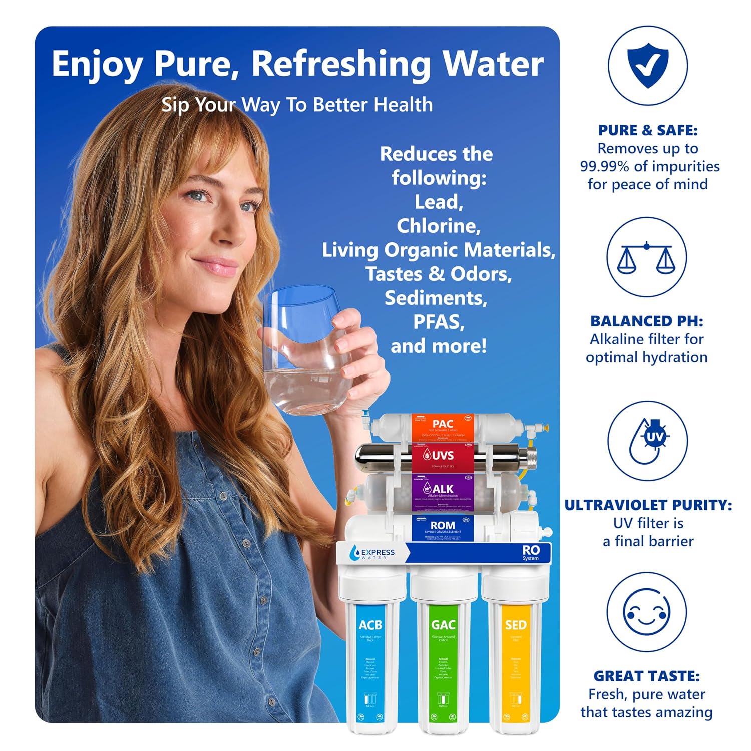 Express Water ROALKUV10M 11-Stage Alkaline Under Sink Reverse Osmosis Water Filter System, UV Filter, NSF Certified 372, 100 GPD, Deluxe Chrome Faucet