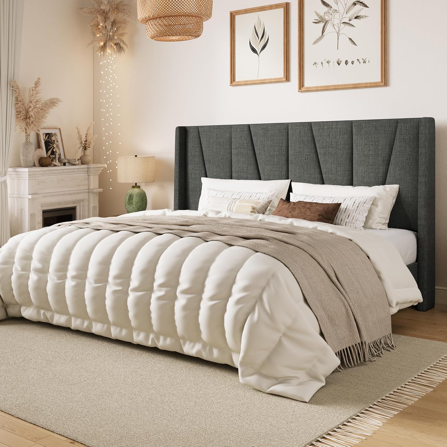 SHA CERLIN King Size Bed Frame with Geometric Wingback Headboard, Upholstered Platform Bed with, 8' Under-Bed Space, No Box Spring Needed, Easy Assembly, Grey