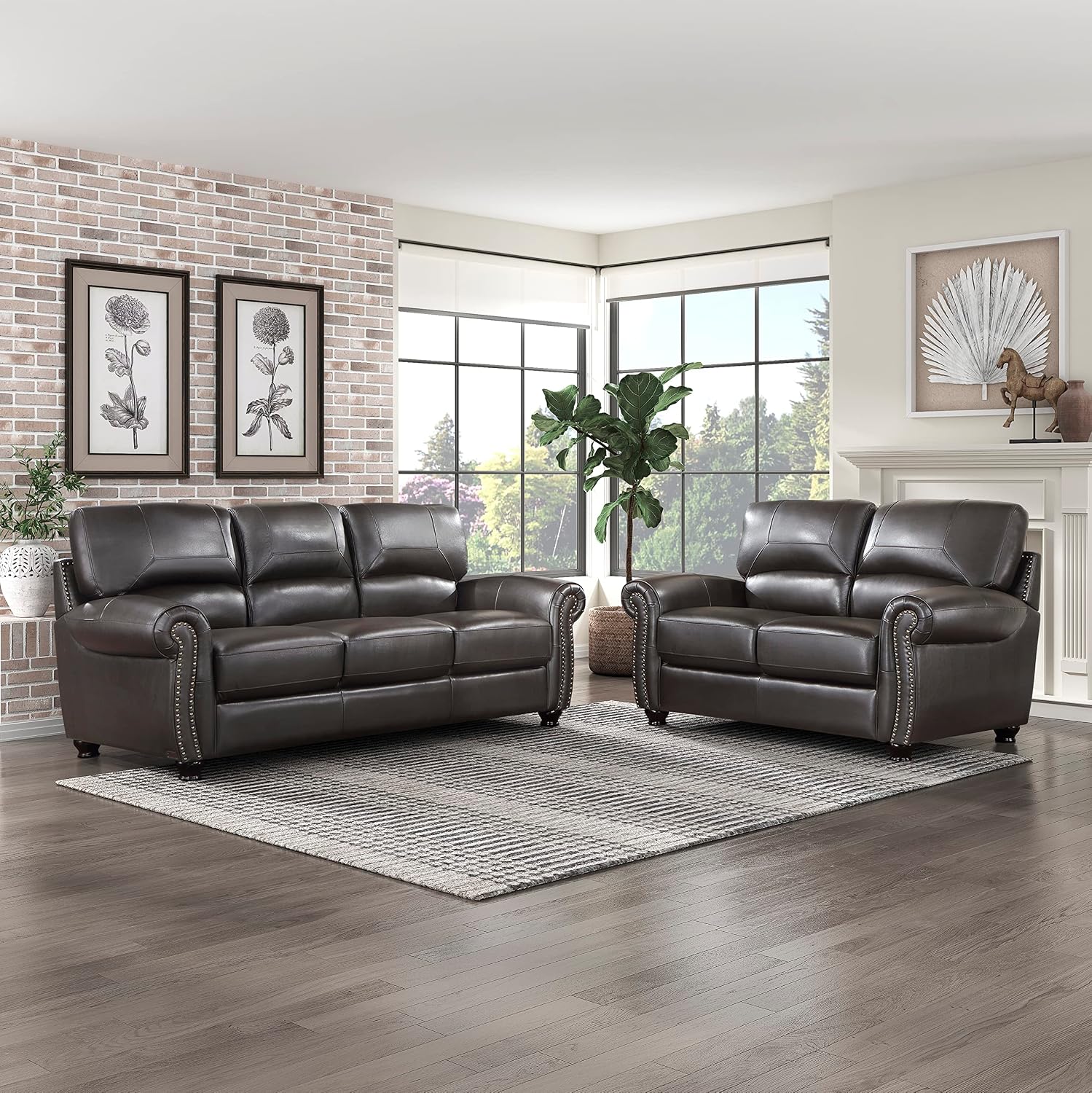 Lexicon Leather Match Sofa Set, Top Grain Leather Match Living Room Furniture Sets, Include Sofa Couch and Loveseat, 2-Piece Set, Dark Brown