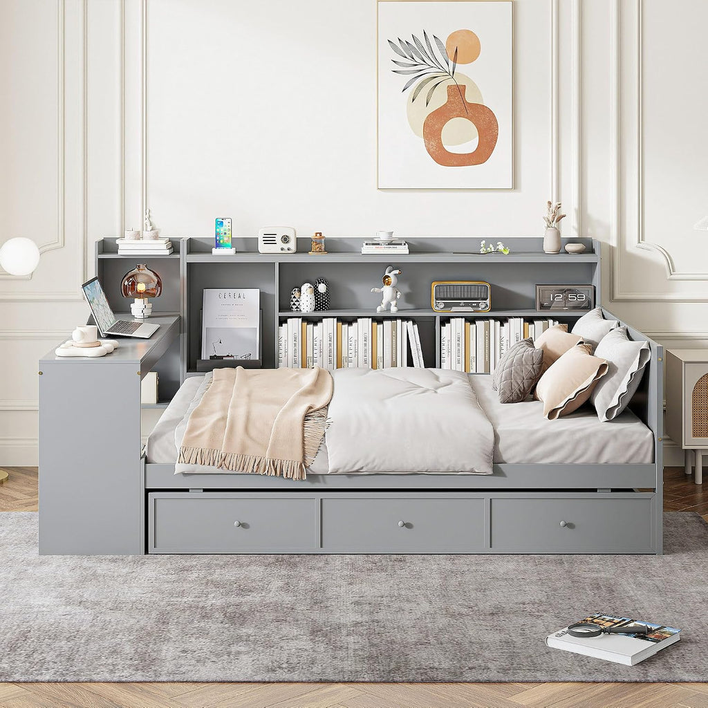 Full Size Daybed with Storage Shelves and Study Desk, Wooden Daybed Sofa Bed Frame with 3 Drawers and USB Ports for Office Living Room Bedroom, Maximize Space (Gray-22U)