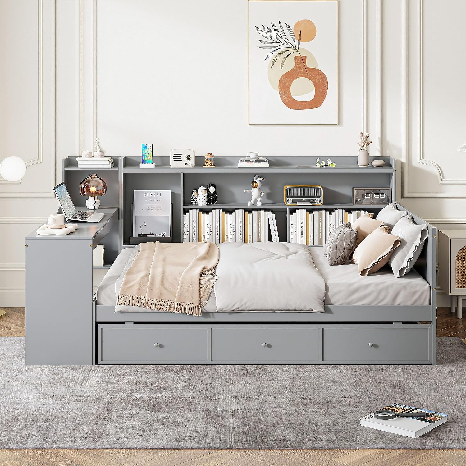 Full Size Daybed with Storage Shelves and Study Desk, Wooden Daybed Sofa Bed Frame with 3 Drawers and USB Ports for Office Living Room Bedroom, Maximize Space (Gray-22U)