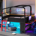 JIVOIT Full Size Metal Loft Bed with Built-in Side Desk, Gaming Style Metal Low Loft Bed with Storage Cabinets, Chic Canopy Design, Easy Assembly