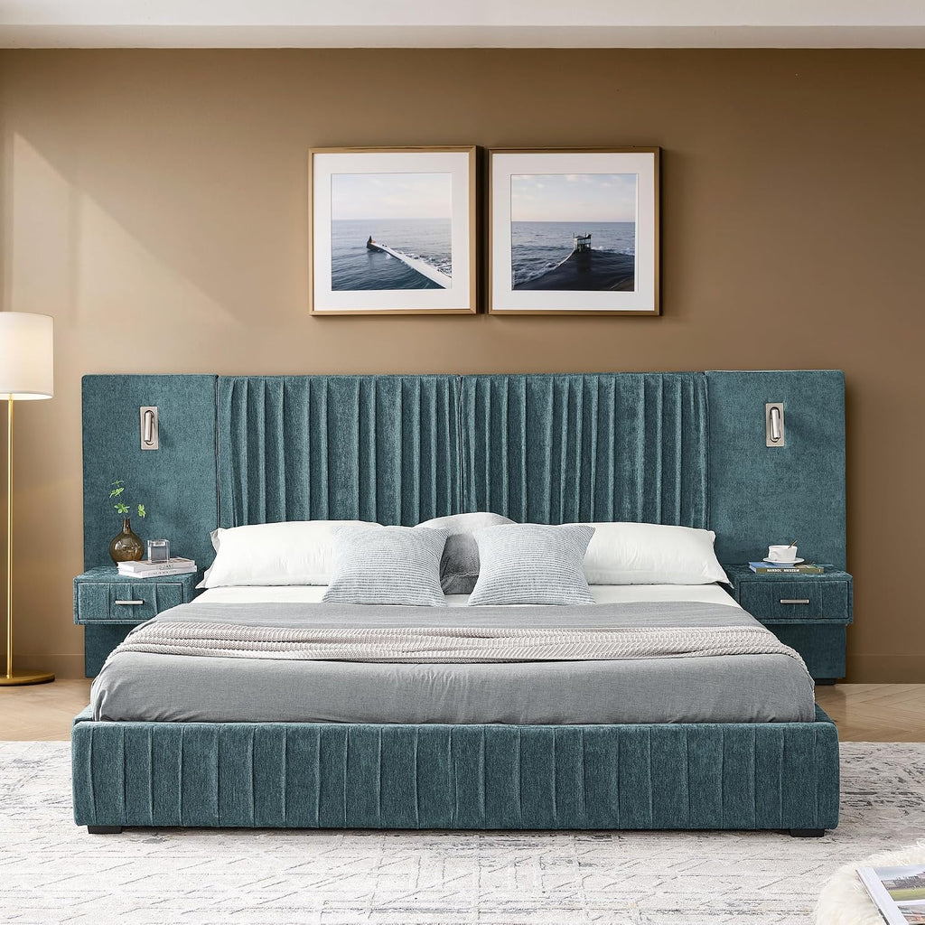 Merax Chenille Upholstered Queen Size Bed Frame with Wide Headboard and 2 Nightstands, Low Platform Bed Frame with Small Reading Lamp and Pleating Design for Adults, No Box Spring Needed, Blue Green