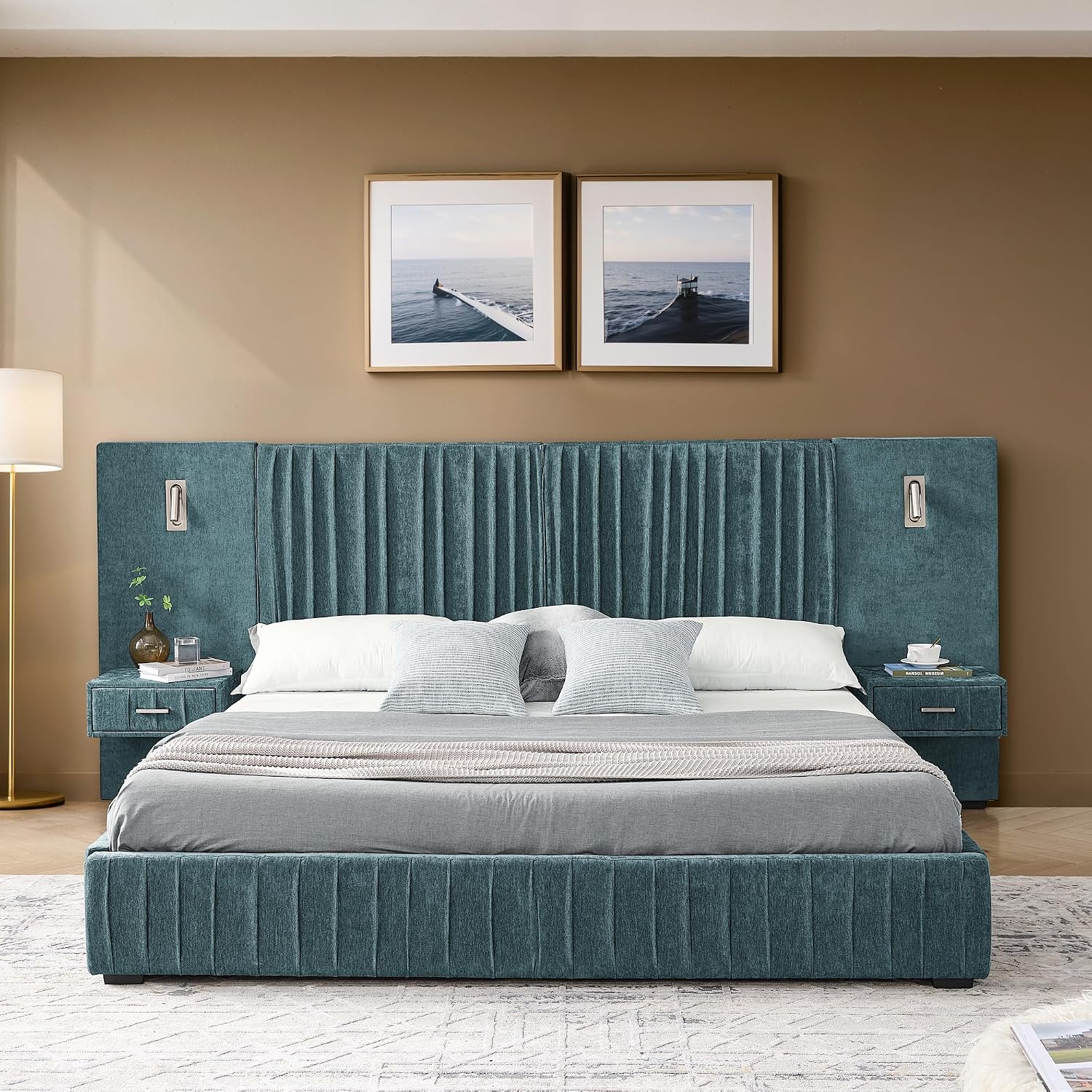 Merax Chenille Upholstered Queen Size Bed Frame with Wide Headboard and 2 Nightstands, Low Platform Bed Frame with Small Reading Lamp and Pleating Design for Adults, No Box Spring Needed, Blue Green