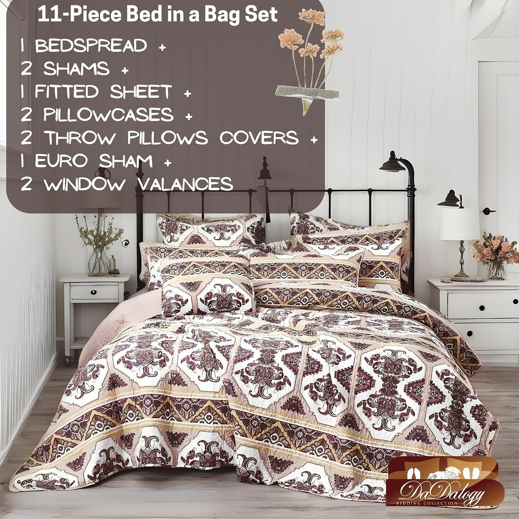 DaDa Bedding Collection Bed in a Bag Set - 11 Pieces - Farmhouse Elegant Paisley Burgundy Maroon Kilim : Bedroom Set with Fitted Sheet, Throw Pillows, and Valances - King