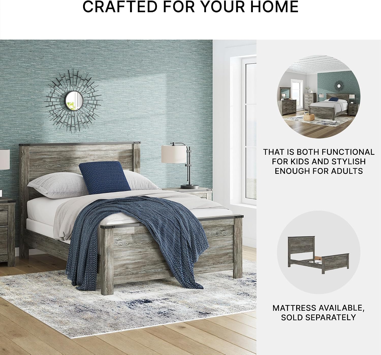 Signature Design by Ashley Frandern Industrial Panel Bed with Nailhead Accents, Foundation or Box Spring Needed, Queen, Gray