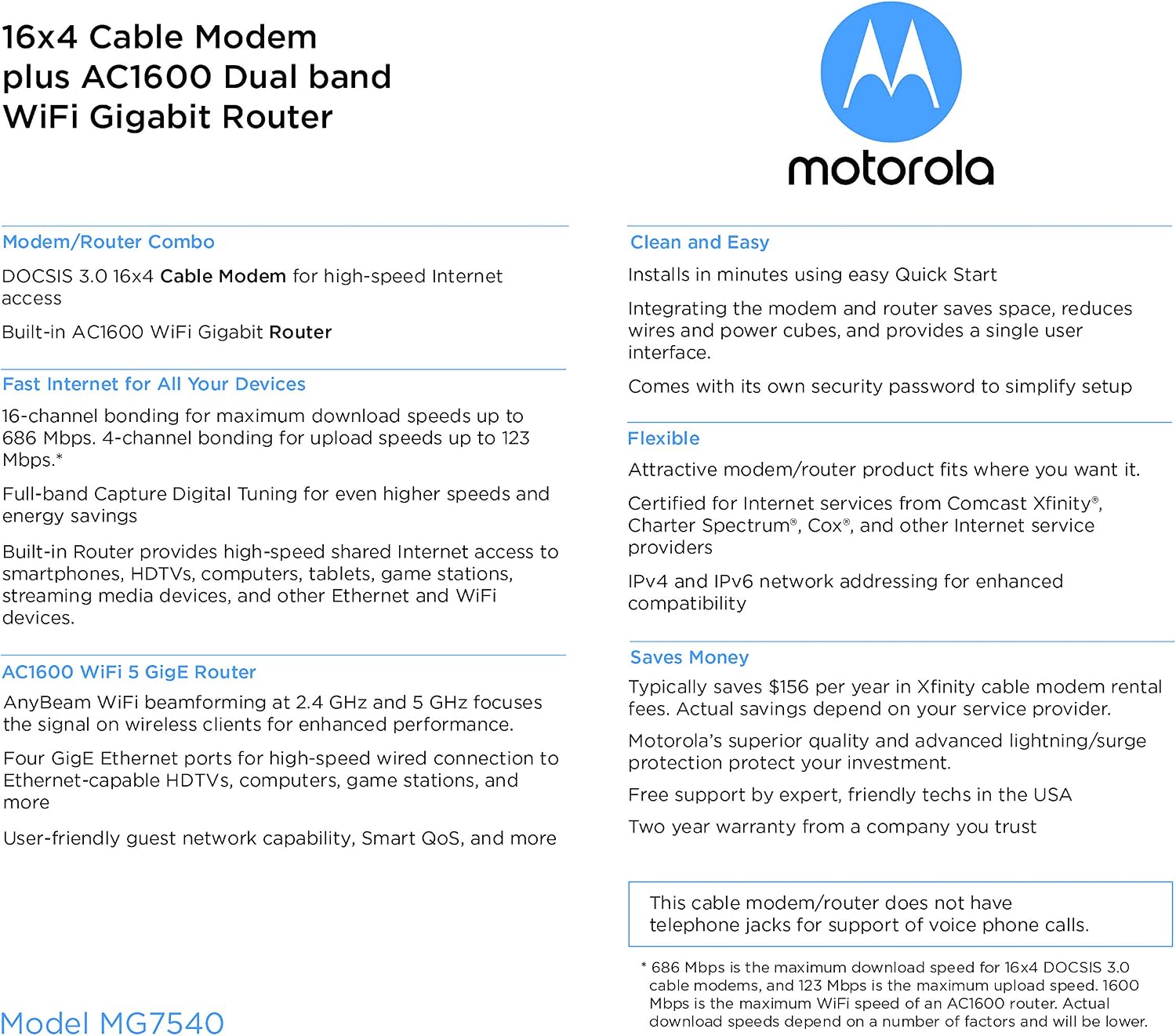 Motorola MG7540 Cable Modem WiFi Router Combo | Approved by Comcast Xfinity, Cox, Spectrum | Plans Up to 300 Mbps | AC1600 WiFi Speed | DOCSIS 3.0