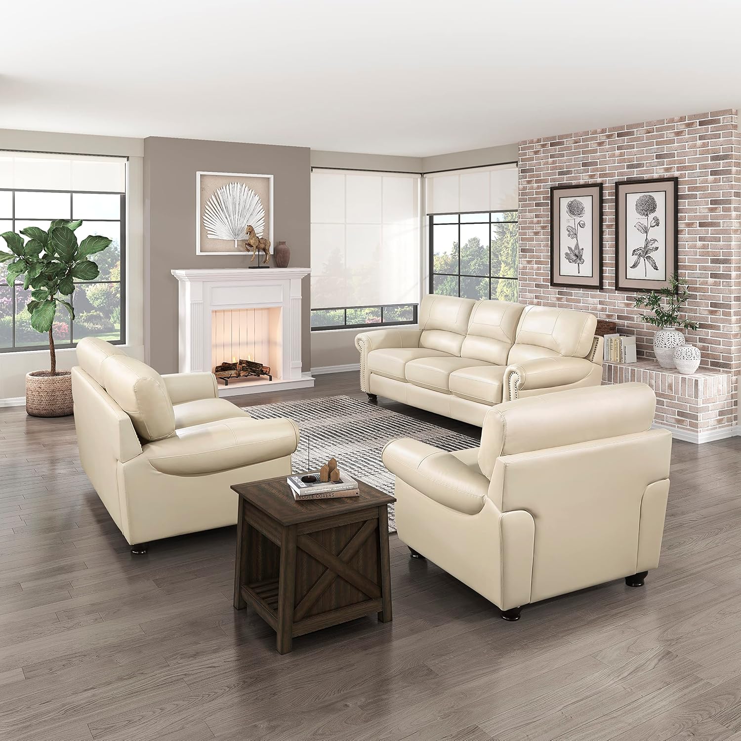 Lexicon Leather Match Sofa Set, Top Grain Leather Match Living Room Furniture Sets, Include Sofa Couch, Loveseat and Arm Chair, 3-Piece Set, Cream