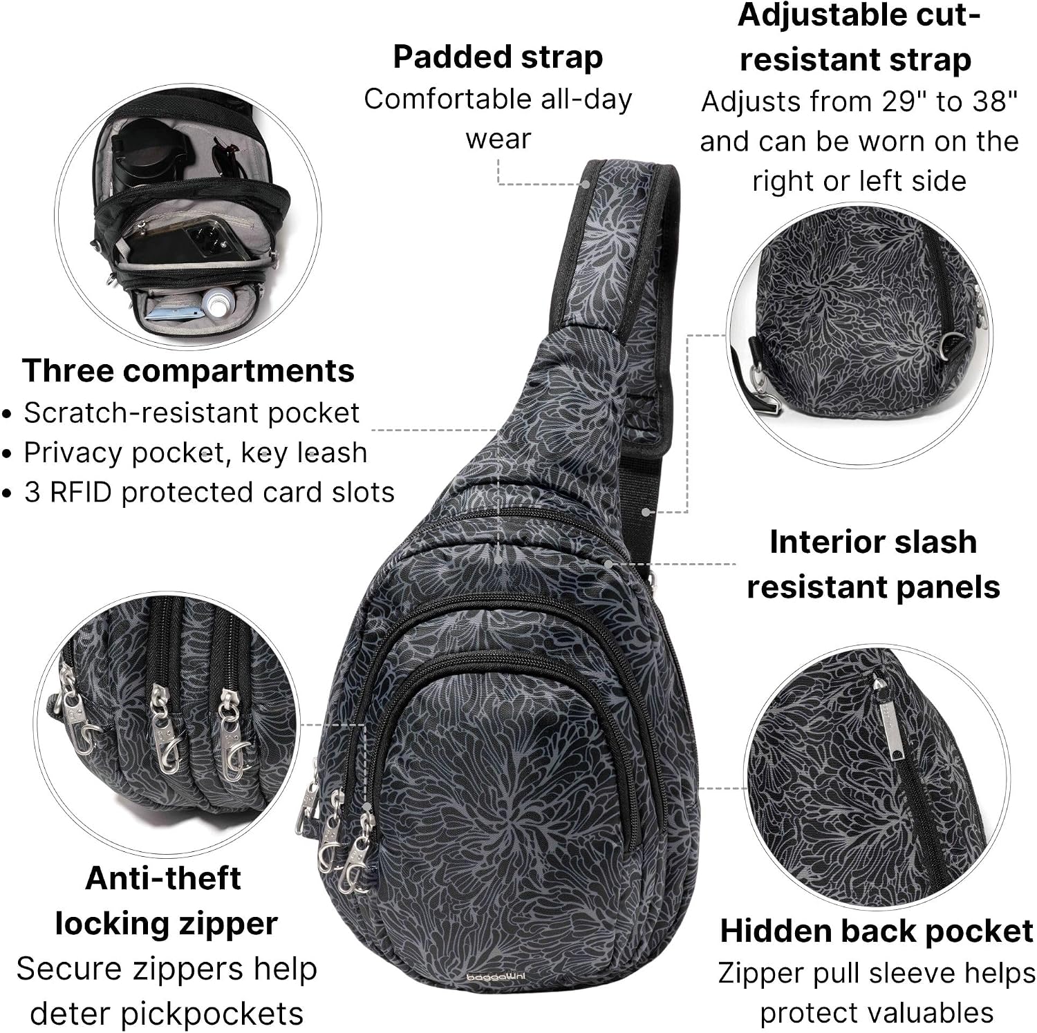 Baggallini Securtex® Anti-Theft Multi Zip Sling - Lightweight 8.6'x15.2' Travel Bag with Locking Zippers & RFID Protection