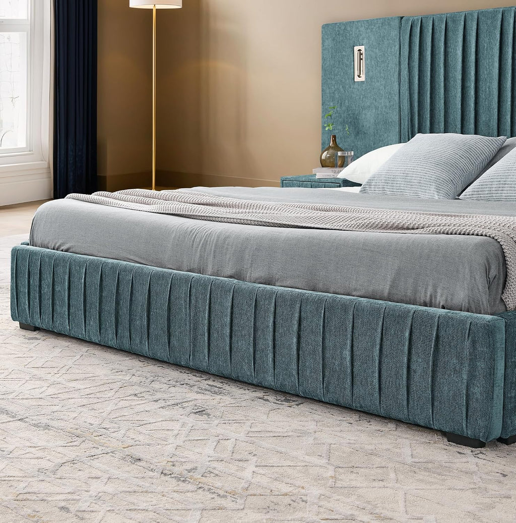 Merax Chenille Upholstered Queen Size Bed Frame with Wide Headboard and 2 Nightstands, Low Platform Bed Frame with Small Reading Lamp and Pleating Design for Adults, No Box Spring Needed, Blue Green