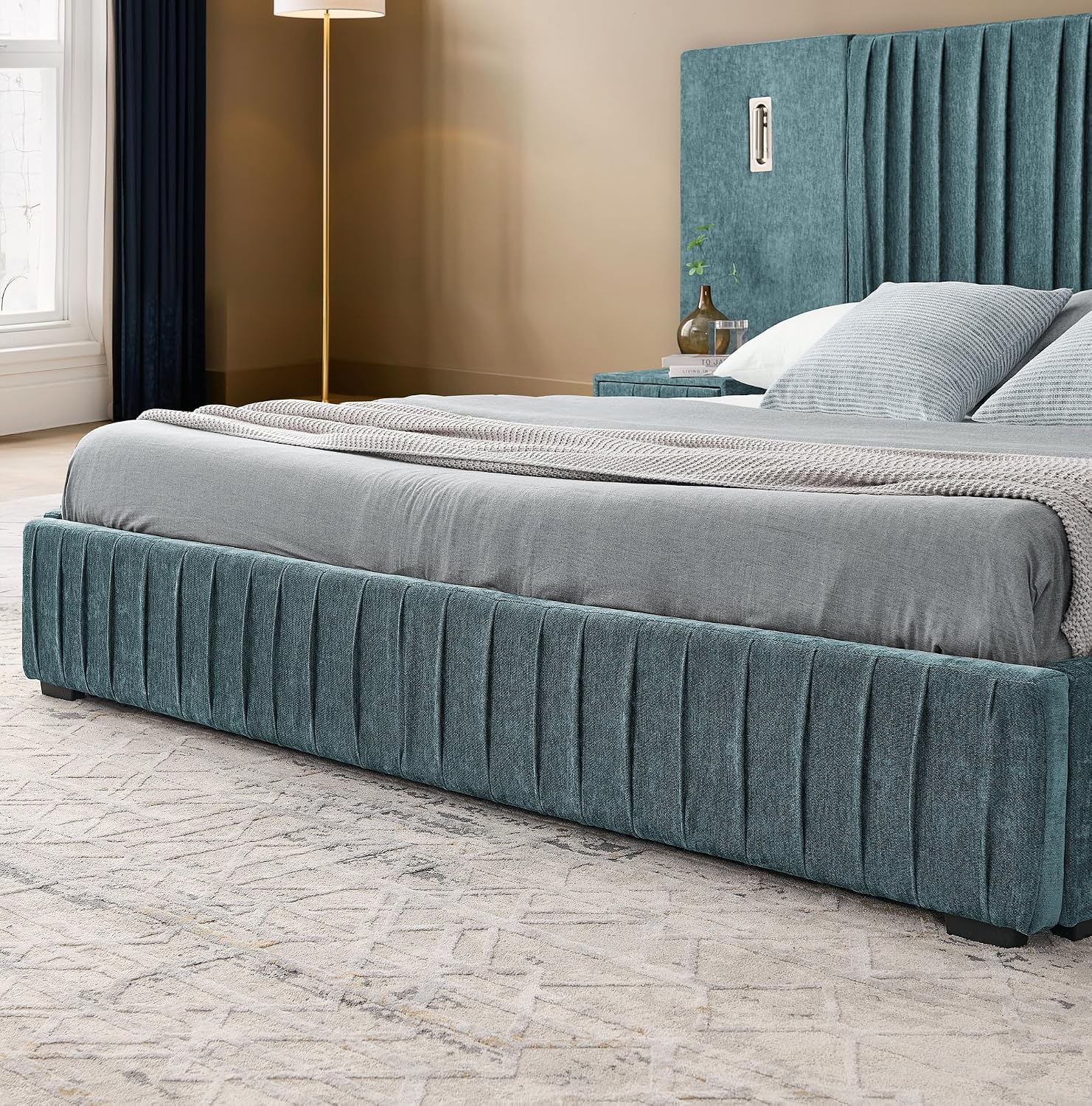 Merax Chenille Upholstered Queen Size Bed Frame with Wide Headboard and 2 Nightstands, Low Platform Bed Frame with Small Reading Lamp and Pleating Design for Adults, No Box Spring Needed, Blue Green