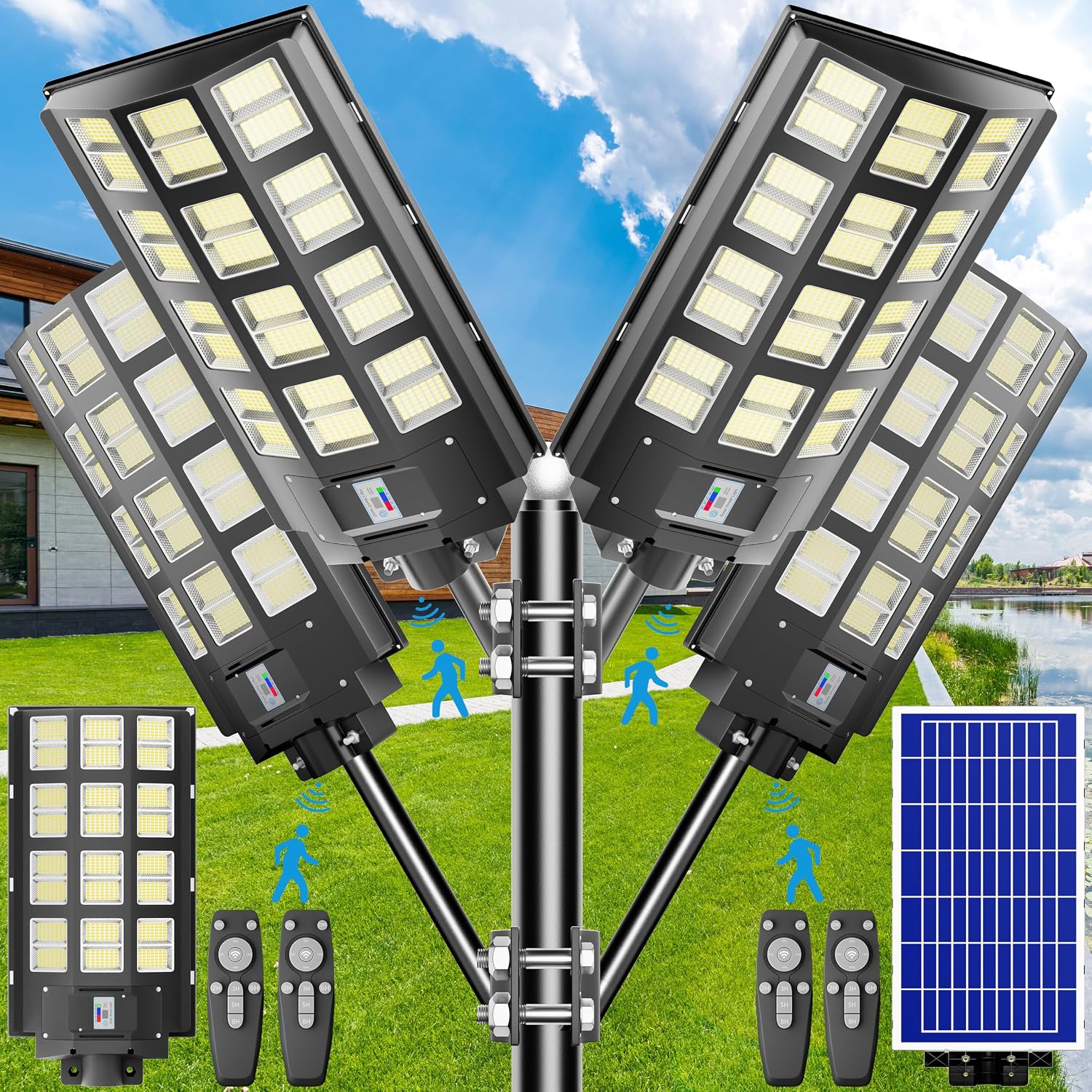 9500W Solar Street Light Outdoor Waterproof IP67 240000 Lumens, Solar Parking Lot Lights Dusk to Dawn Metion Sensor Solar Power Street Light Outside 4-Pack