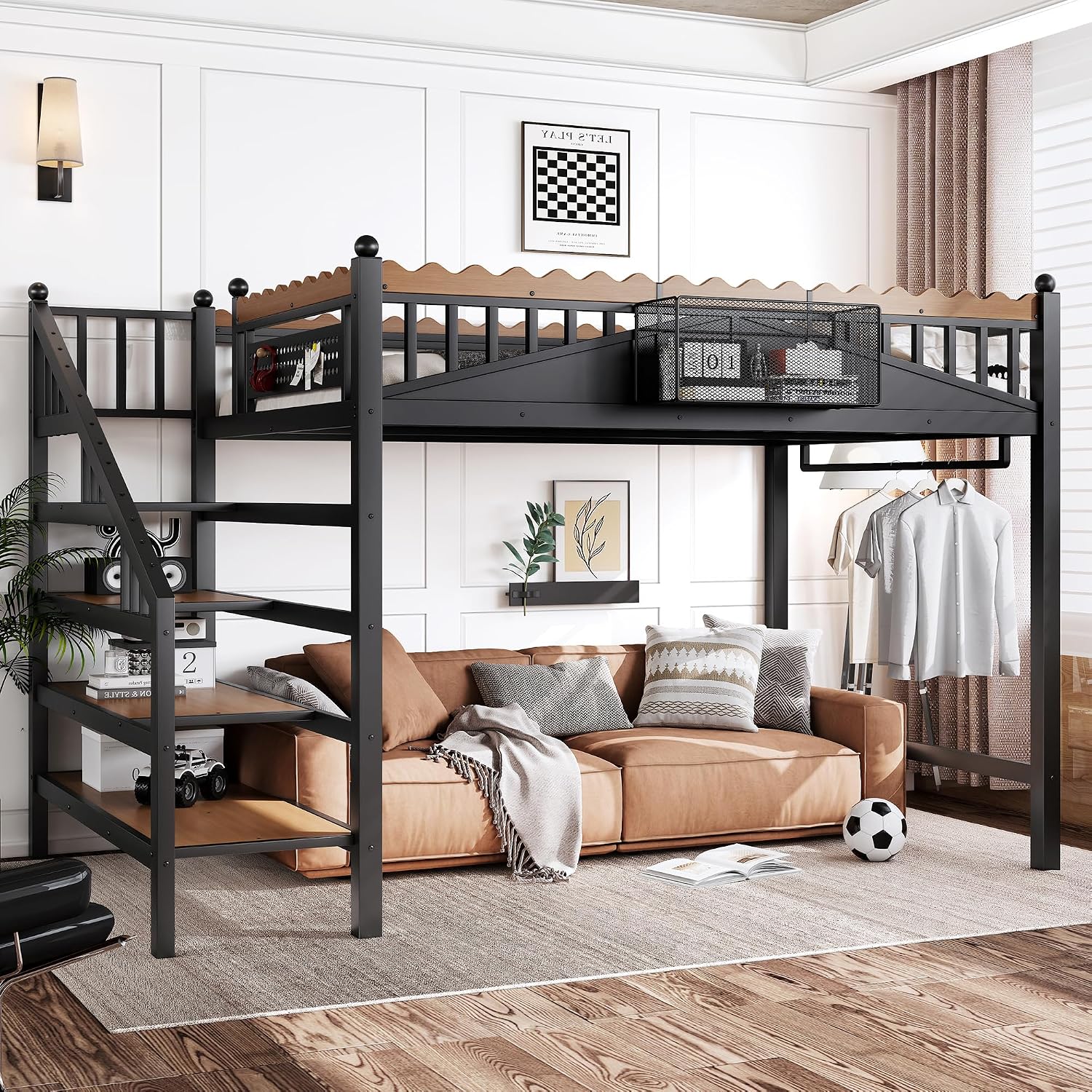 JIVOIT Full Size Metal Loft Bed Frame, Space-Saving Loft Bed with Storage Stairs, Storage Shelves and Bookshelf, Strong Support Slats, Perfect for Bedroom, Guest, Dorms