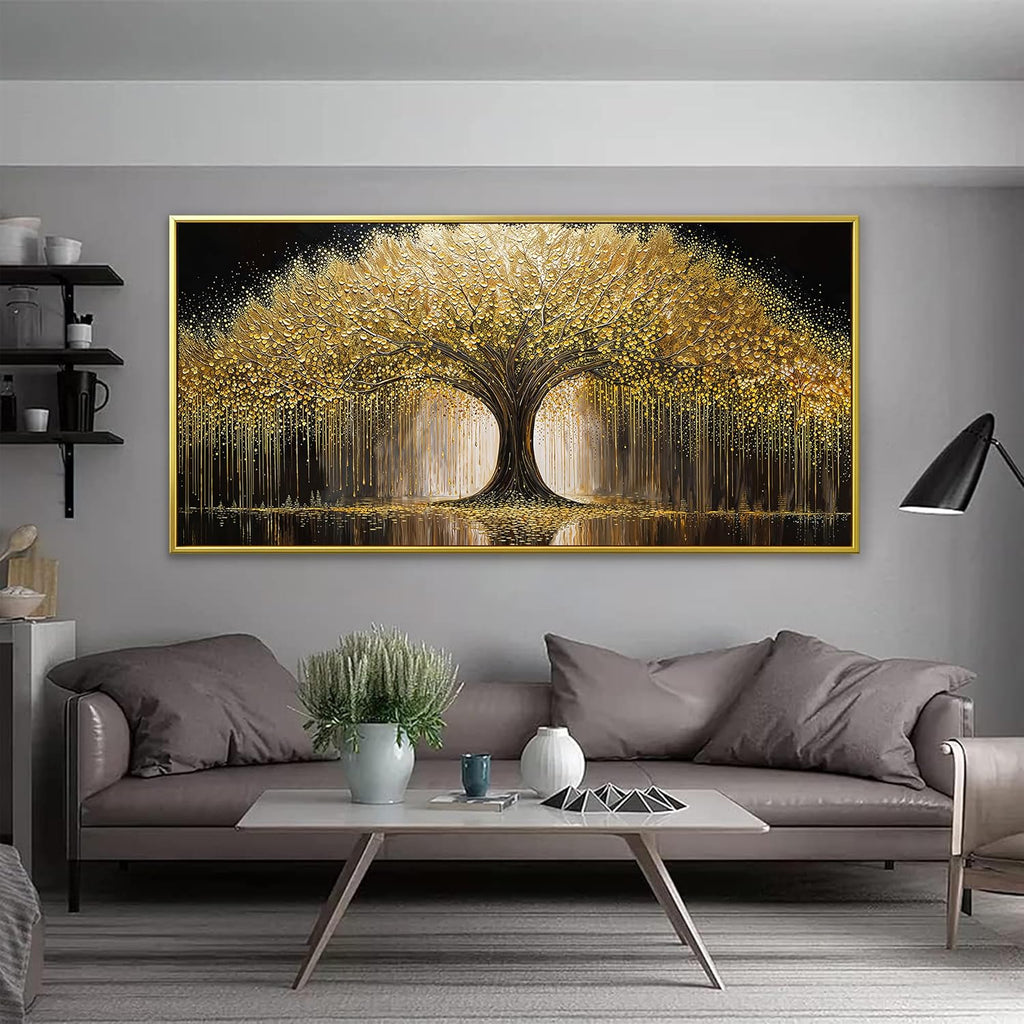 Large Golden Tree Of Life Wall Art Decor Modern Ready To Hang Room Wall Decor Gold Framed Wall Art For Living Room Kitchen Office Bedroom Canvas Prints Decor 29.5x58 Inch