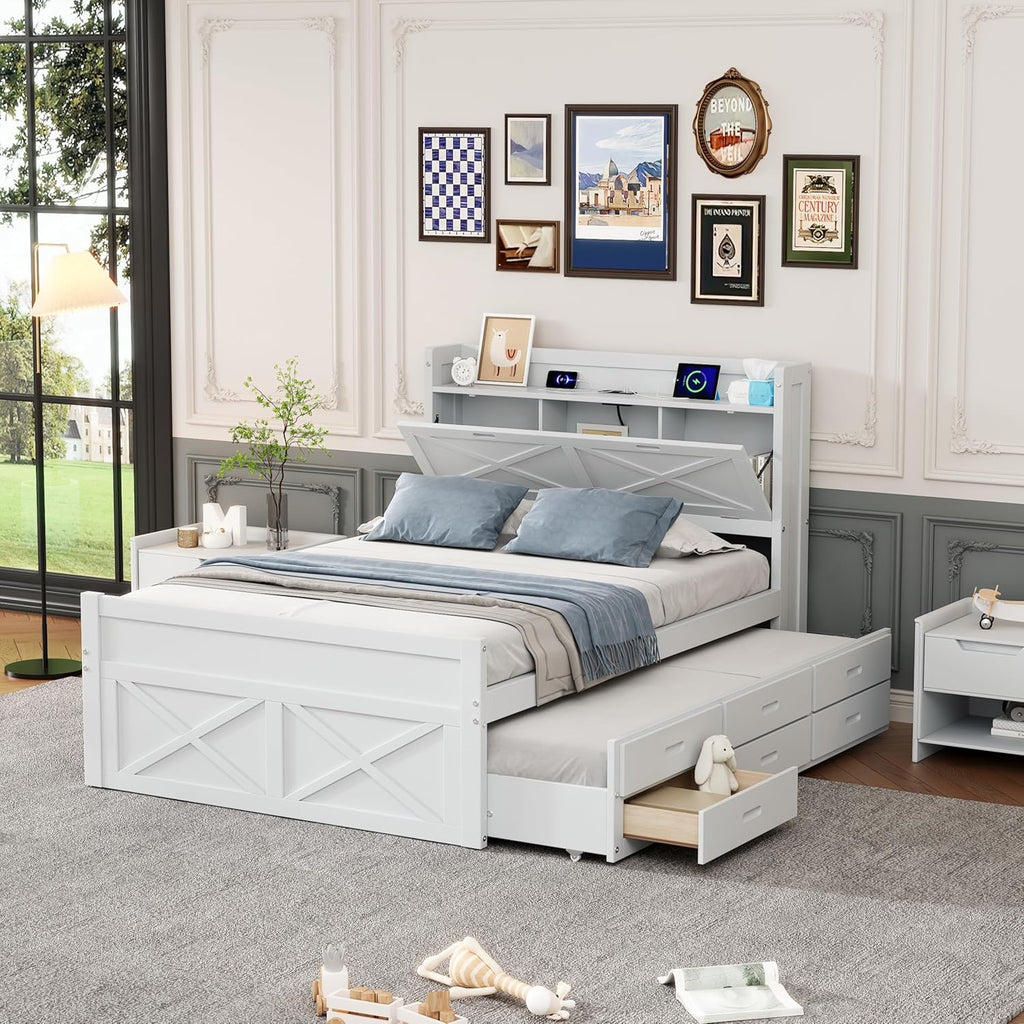 Full Size Captain Wooden Bed Frame with Storage Headboard & Outlets | Extendable Platform Bed with Twin Trundle & 3 Storage Drawers | Modern Farmhouse Bedroom Furniture Set (White, Full)