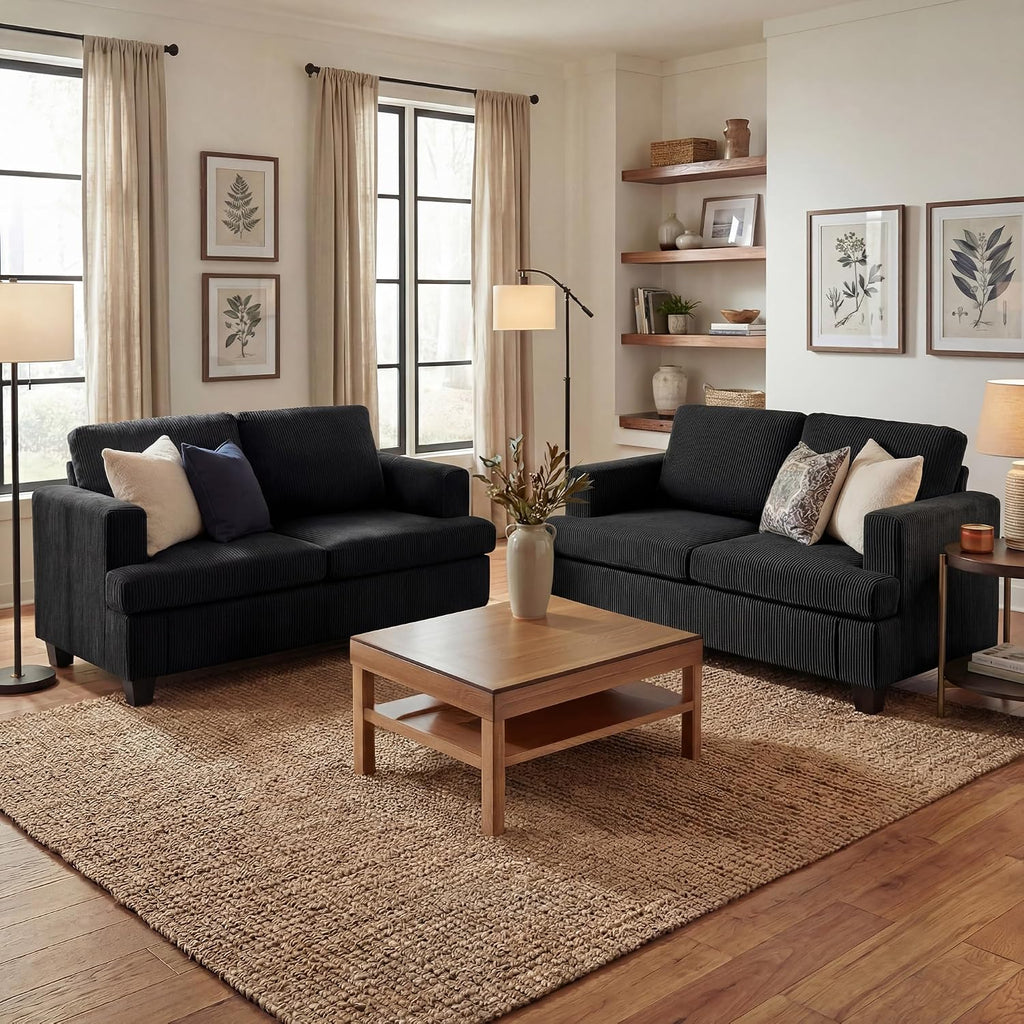 Fiona's magic 4 Seats Couch Set, 2 Piece Set Comfy Sofa, Loveseat Sofa*2 with Deep Seats for Living Room, Modern Sleeper Couch, Black Corduroy