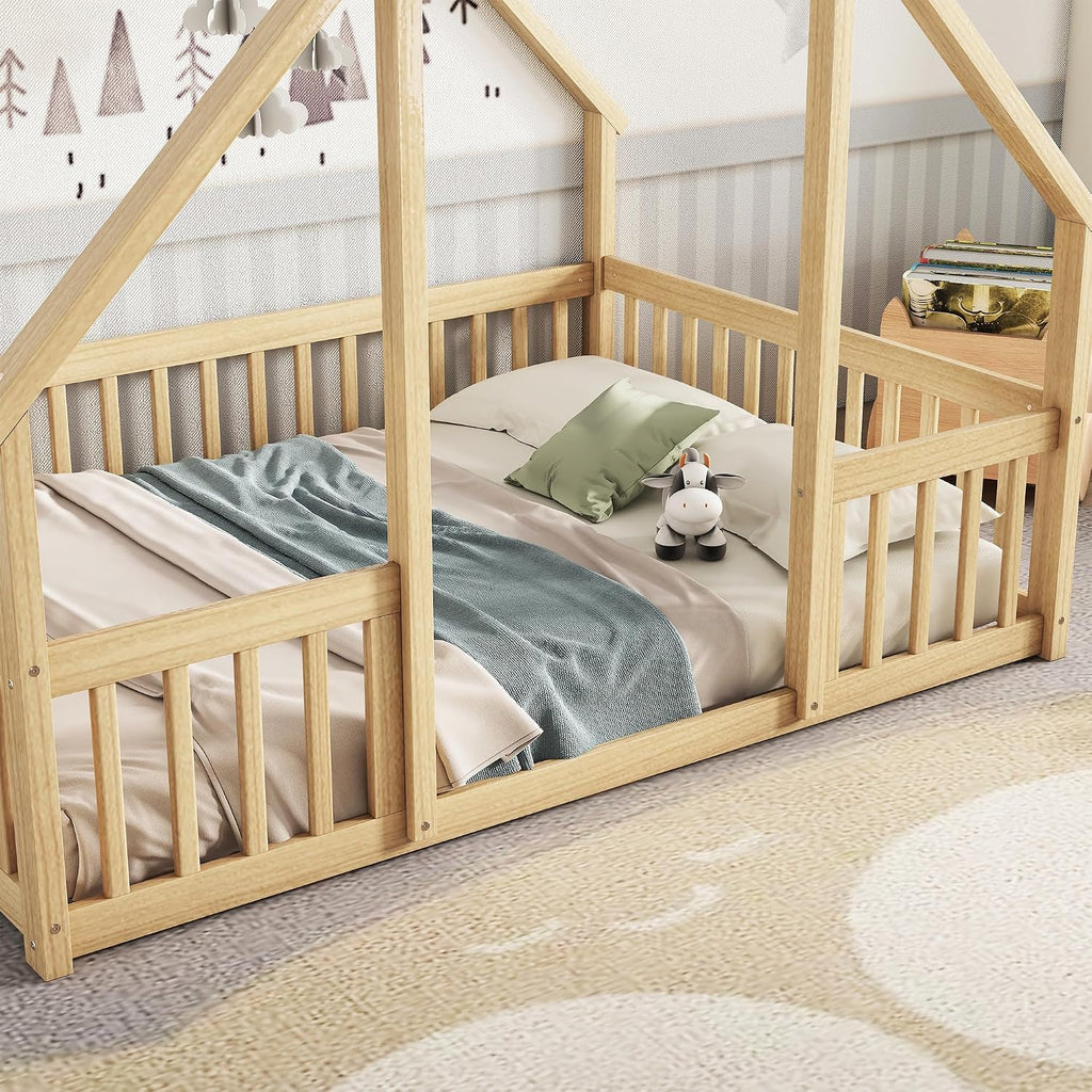 JIVOIT Full Wood House-Shaped Floor Bed with Fence and Guardrails, Wood House Roof Frame, Montessori Floor Bed Frame (Natural-Full,129)