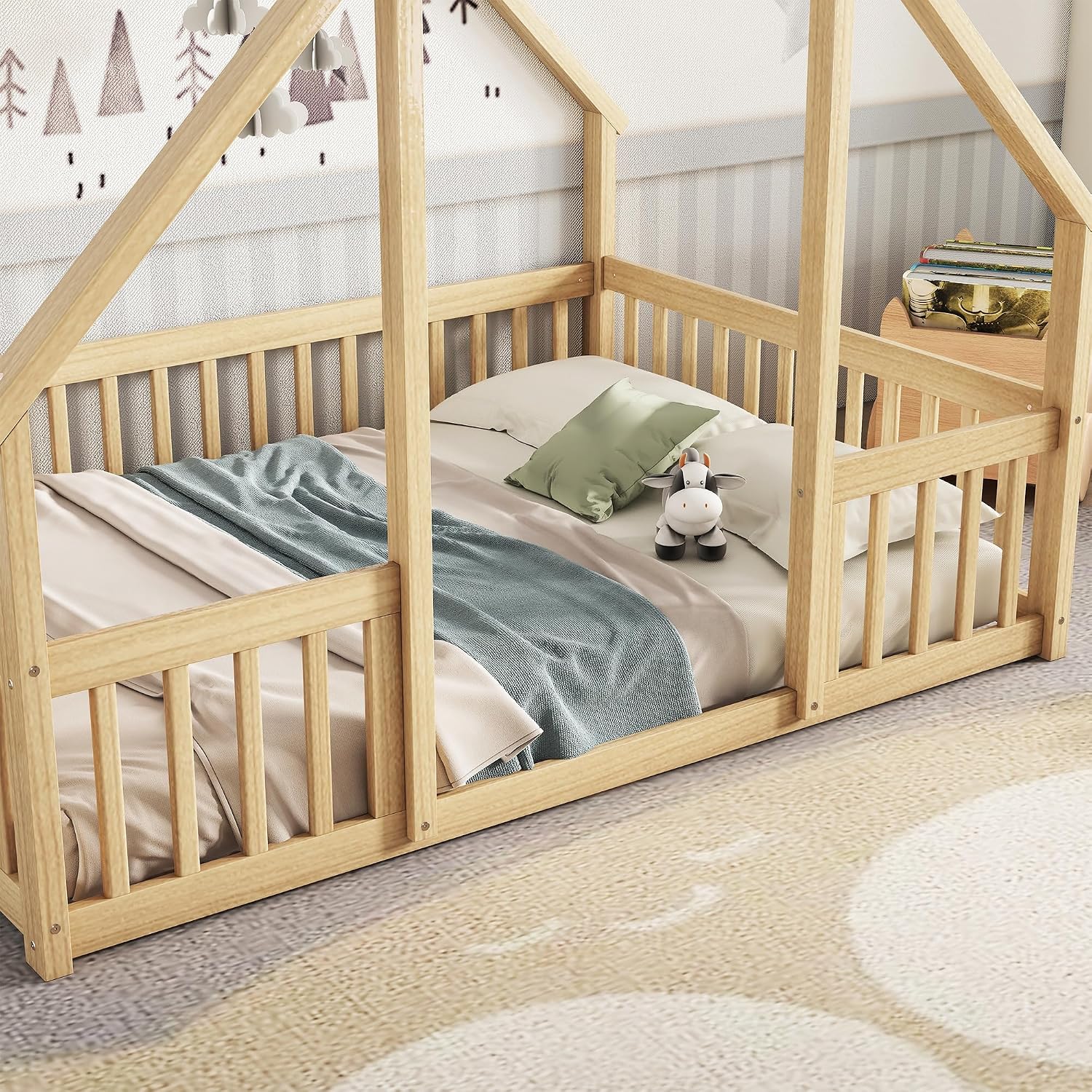 JIVOIT Full Wood House-Shaped Floor Bed with Fence and Guardrails, Wood House Roof Frame, Montessori Floor Bed Frame (Natural-Full,129)
