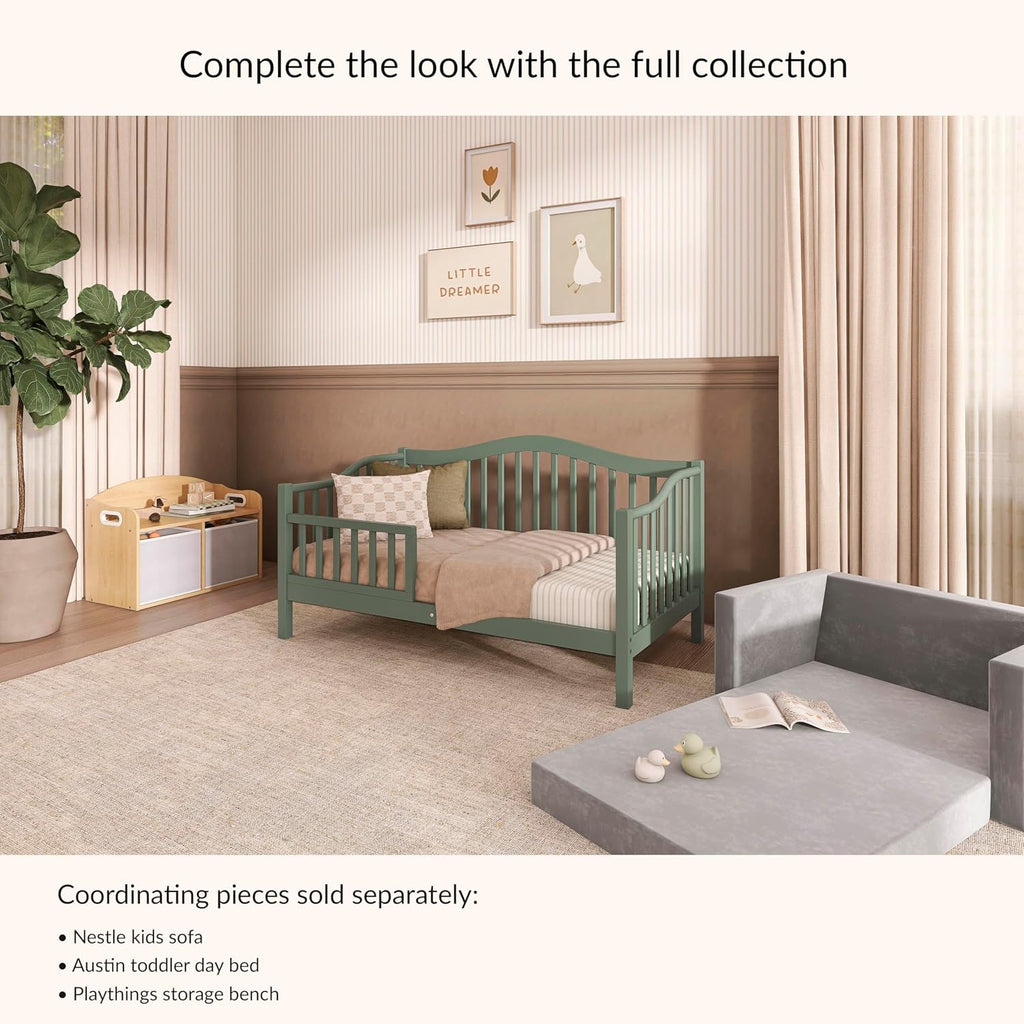 Dream On Me Austin Toddler Day Bed with Rails in Meadow Green, Low to Floor Toddler Day Bed, Greenguard Gold & Baby Safety Alliance Certified, Non-Toxic Finishes, Side Safety Guard Rail