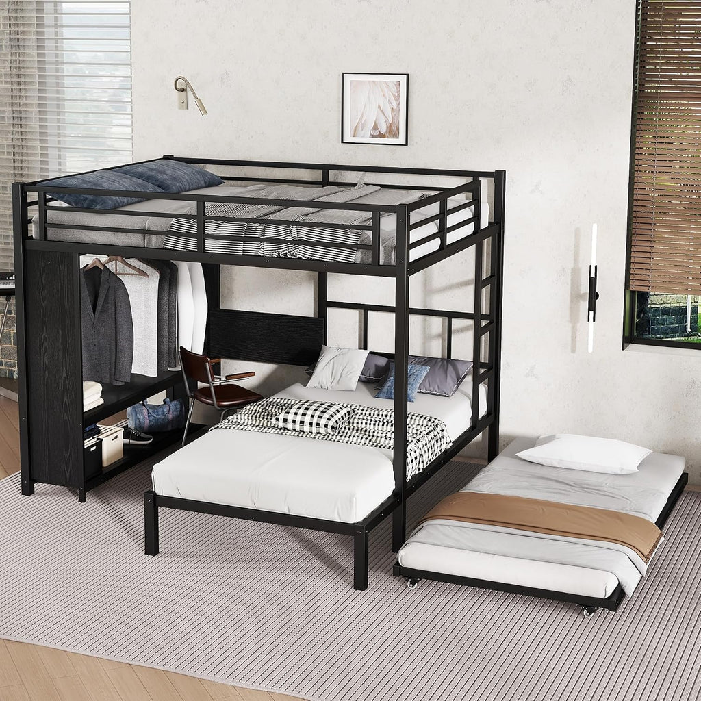 JIVOIT Metal Bunk Bed with Trundle, Queen Over Twin Bunk Bed with Foldable Desk, Built-in Wardrobe, Ladders and Safety Guard, Noise-Reduced Design, Space-Saving, No Box Spring Needed