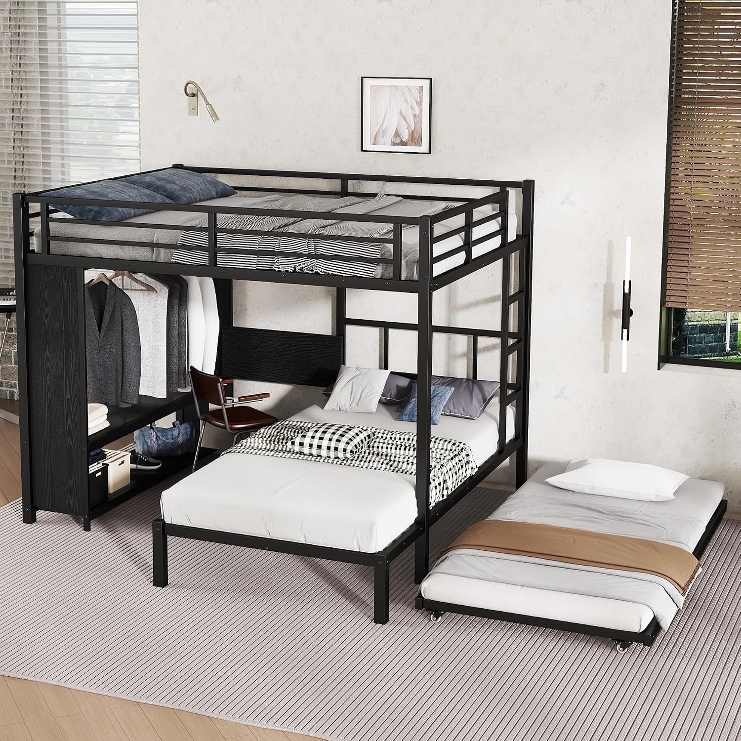 JIVOIT Metal Bunk Bed with Trundle, Queen Over Twin Bunk Bed with Foldable Desk, Built-in Wardrobe, Ladders and Safety Guard, Noise-Reduced Design, Space-Saving, No Box Spring Needed