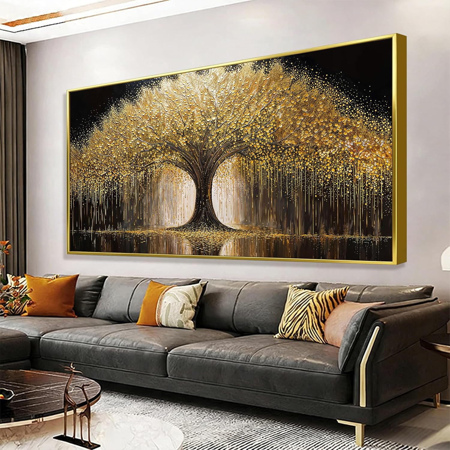 Large Golden Tree Of Life Wall Art Decor Modern Ready To Hang Room Wall Decor Gold Framed Wall Art For Living Room Kitchen Office Bedroom Canvas Prints Decor 29.5x58 Inch