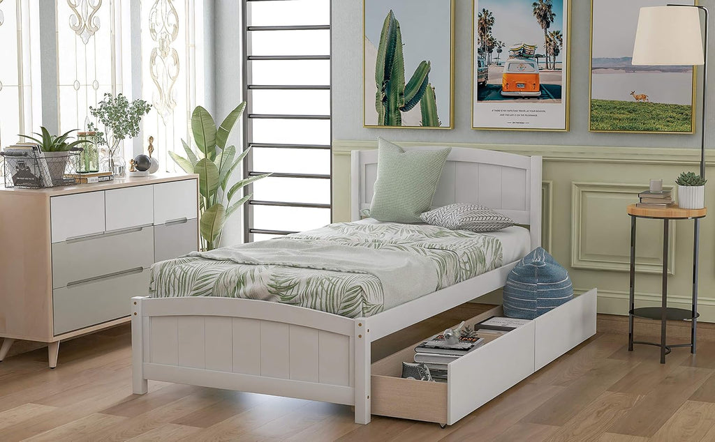 Bellemave Twin Size Platform Bed with 2 Storage Drawers, Solid Wood Twin Bed Frame with Slat Support and Headboard for Kids, Teen, Adults, No Box Spring Needed(Twin, White)