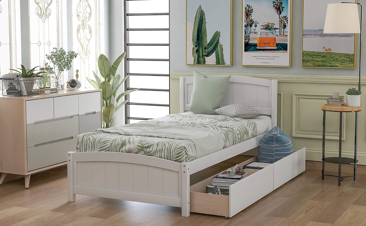 Bellemave Twin Size Platform Bed with 2 Storage Drawers, Solid Wood Twin Bed Frame with Slat Support and Headboard for Kids, Teen, Adults, No Box Spring Needed(Twin, White)