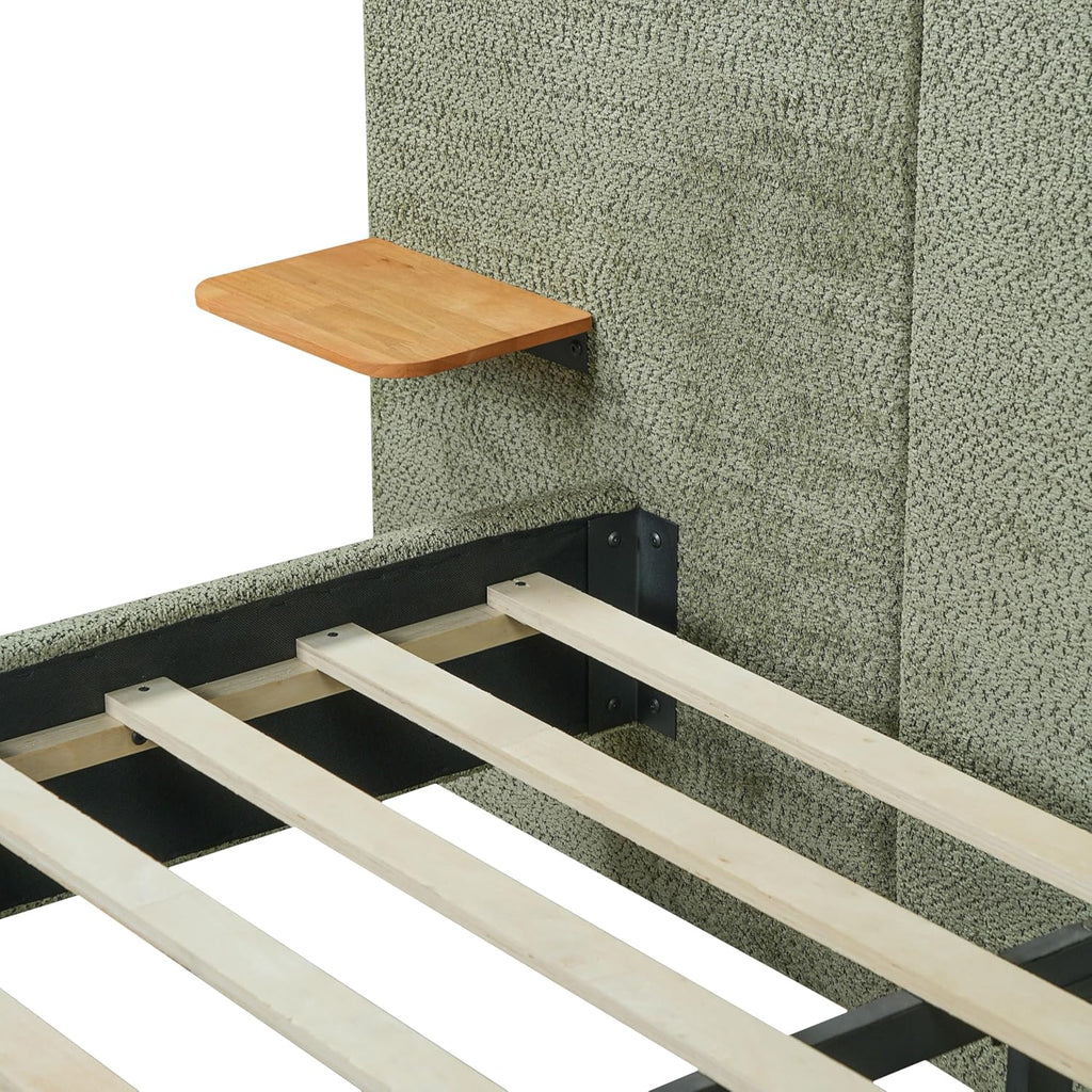 Merax King Size Boucle Upholstered Platform Bed with Wide Curved Headboard and Floating Shelves for Adults, Heavy Duty Steel Center Beam for Support, No Box Spring Needed, Antique Green