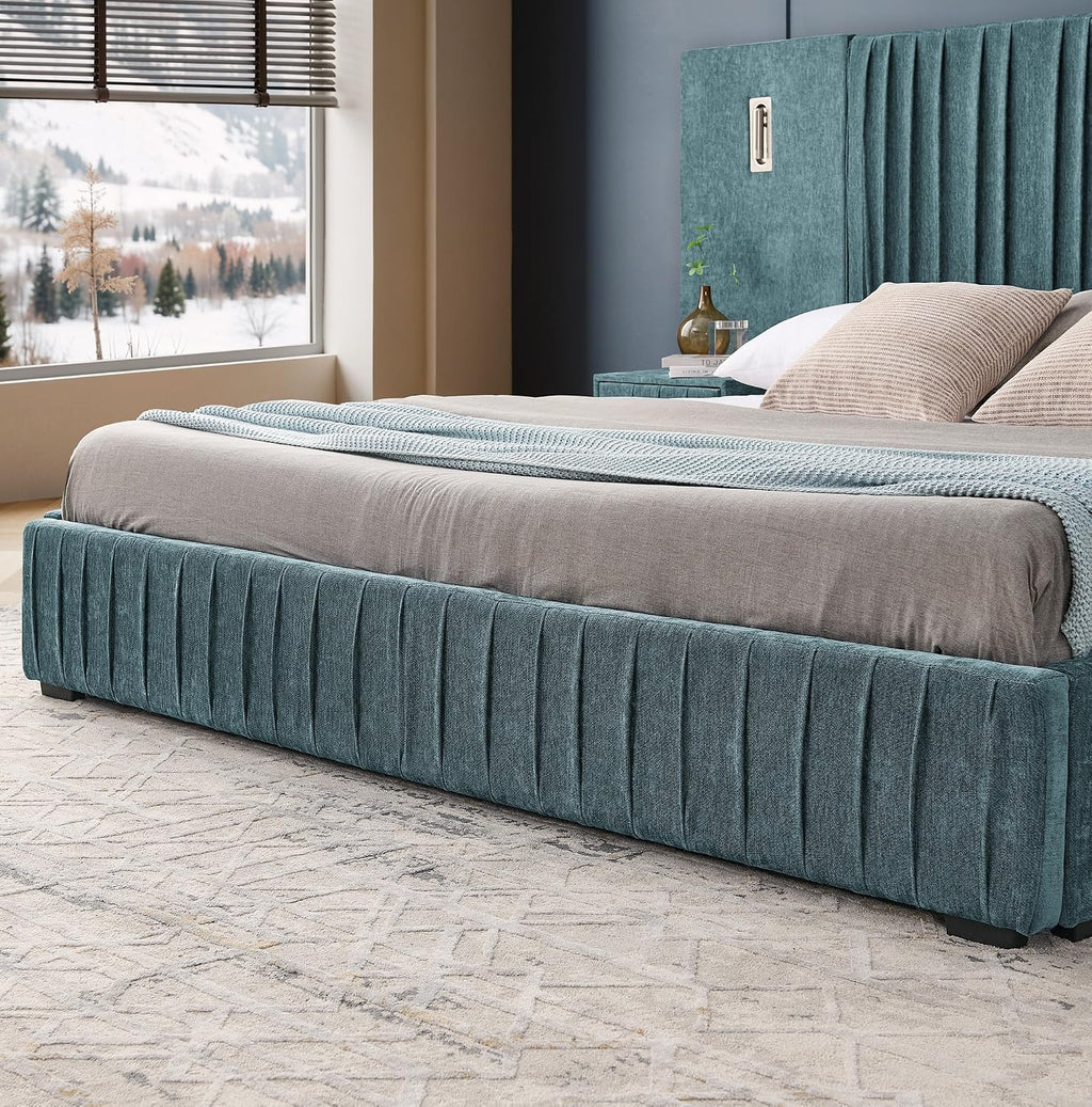 Merax Chenille Upholstered King Size Bed Frame with Wide Headboard and 2 Nightstands, Low Platform Bed Frame with Small Reading Lamp and Pleating Design for Adults, No Box Spring Needed, Blue Green