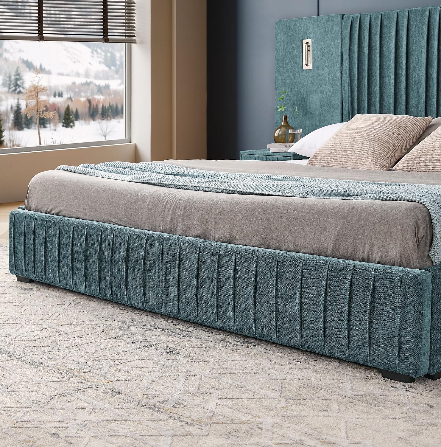 Merax Chenille Upholstered King Size Bed Frame with Wide Headboard and 2 Nightstands, Low Platform Bed Frame with Small Reading Lamp and Pleating Design for Adults, No Box Spring Needed, Blue Green