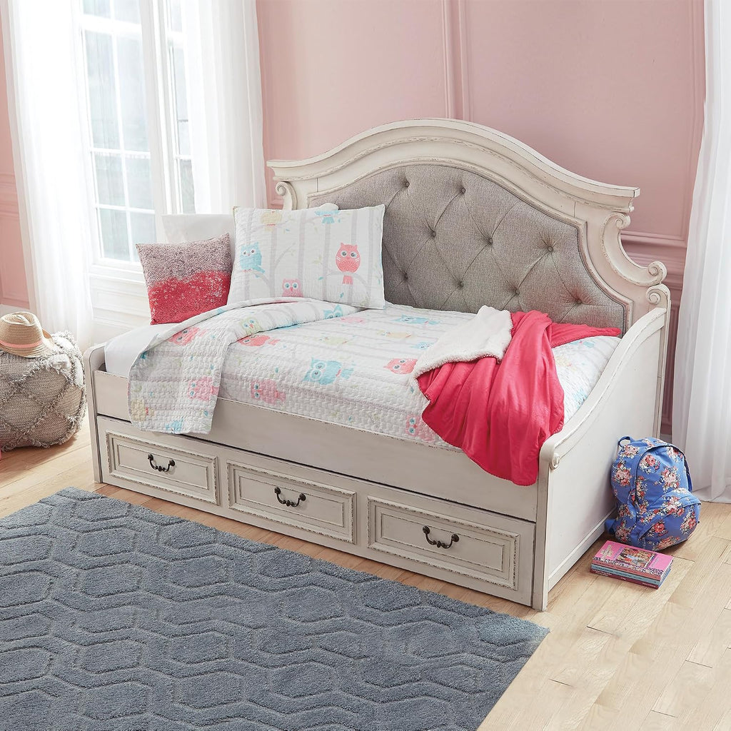 Signature Design by Ashley Realyn Traditional Upholstered Tufted Twin Platform Daybed with 1 Large Drawer, Foundation or Box Spring Not Needed, White & Beige
