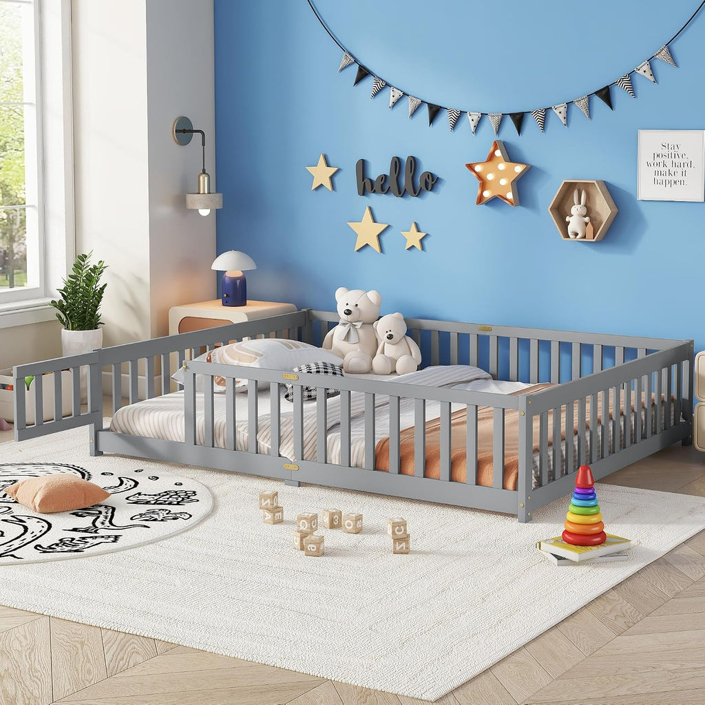 Queen Size Floor Bed, Wooden Montessori Bed Frame with Door, Montessori Floor Queen Bed with Rails for Boys and Girls, No Box Spring Needed, Grey