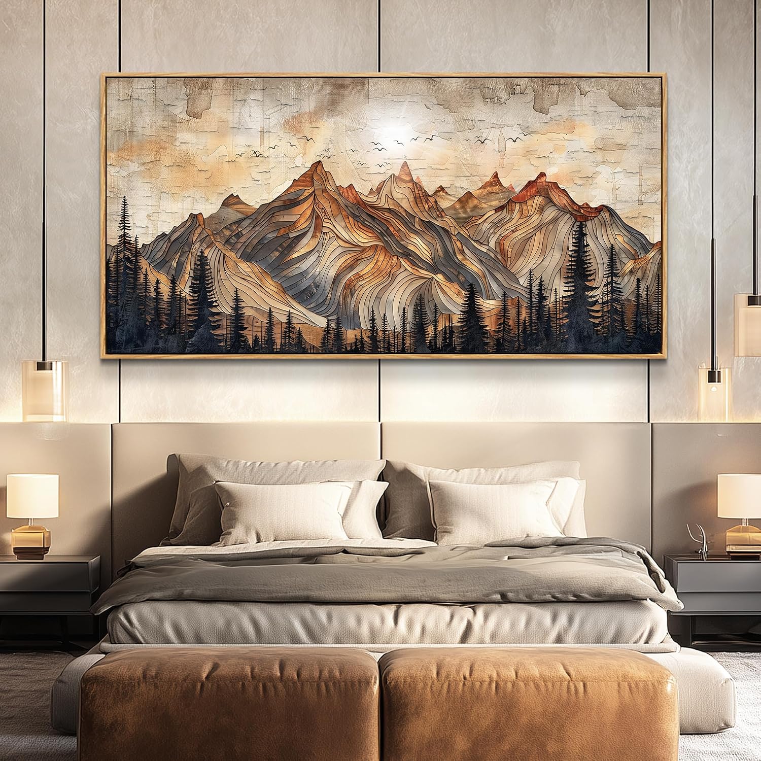 JUDASJART Canvas Wall Art For Bedroom Large Wall Decorations For Living Room Modern Office Wall Decor Abstract Watercolour Painting Mountain Landscape Pictures Artworks Home Decor Wood Framed 32'x72'