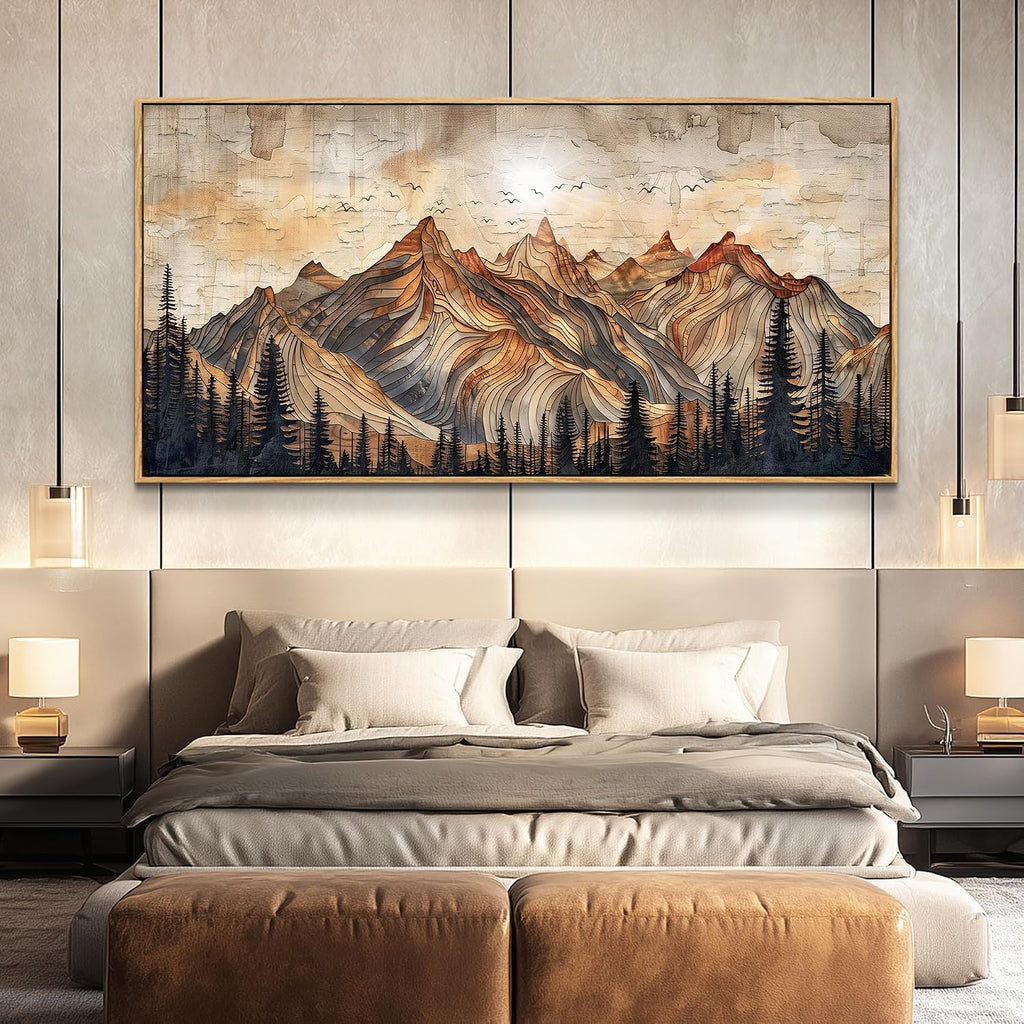 JUDASJART Canvas Wall Art For Bedroom Large Wall Decorations For Living Room Modern Office Wall Decor Abstract Watercolour Painting Mountain Landscape Pictures Artworks Home Decor Wood Framed