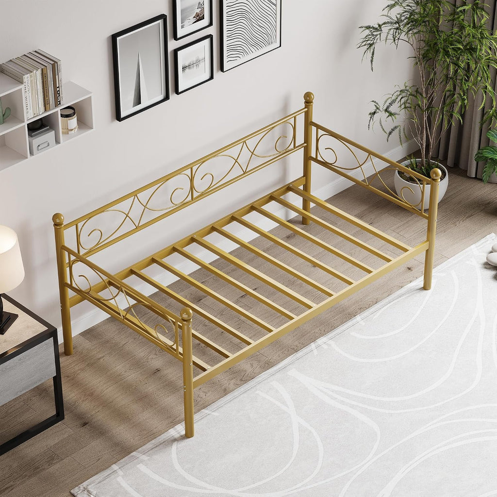 Gold Twin Size Daybed Frame with Elegant Floral Headboard, Heavy Duty Steel Slats Support, No Box Spring Needed, Modern Metal Daybed for Living Room, Guest Room, Bedroom
