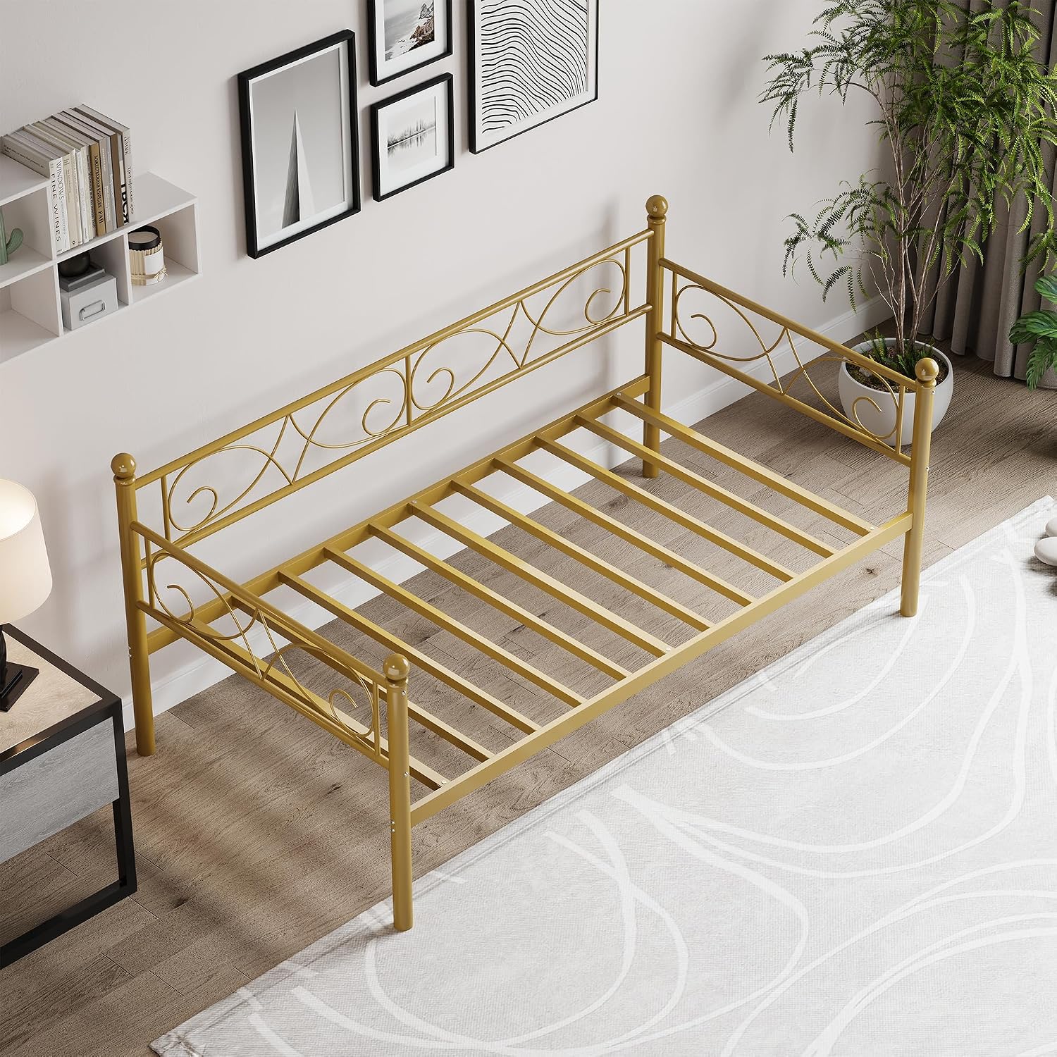 Gold Twin Size Daybed Frame with Elegant Floral Headboard, Heavy Duty Steel Slats Support, No Box Spring Needed, Modern Metal Daybed for Living Room, Guest Room, Bedroom