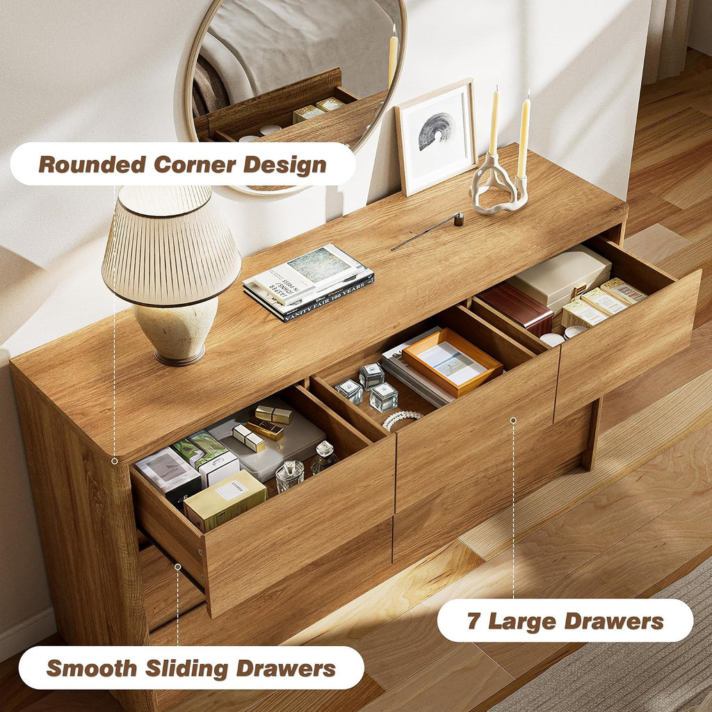 3 Pieces Bedroom Set, 55 Inch Width 7-Drawer Dresser & 2-Drawer Nightstands Set of 2,Nightstand with USB&Type C Charging Station&Outlets,Modern Design for Bedroom, Natural Oak